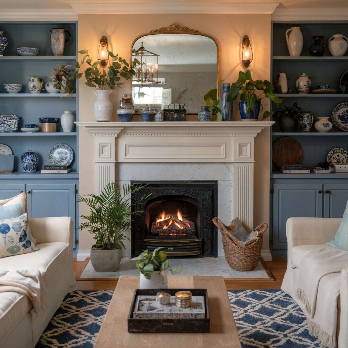 eclectic living room ideas white background white fireplace blue cupboard