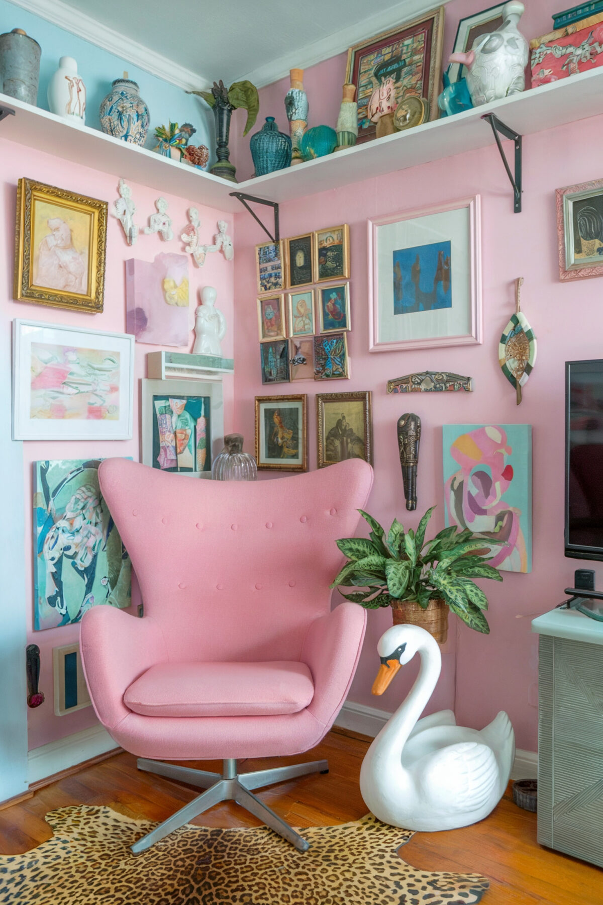 eclectic living room pink wall pink chair