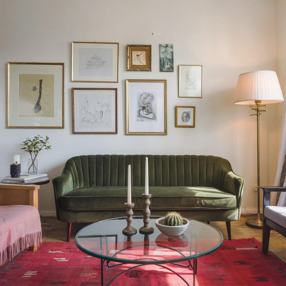eclectic living room red floor carpet green couch white wall
