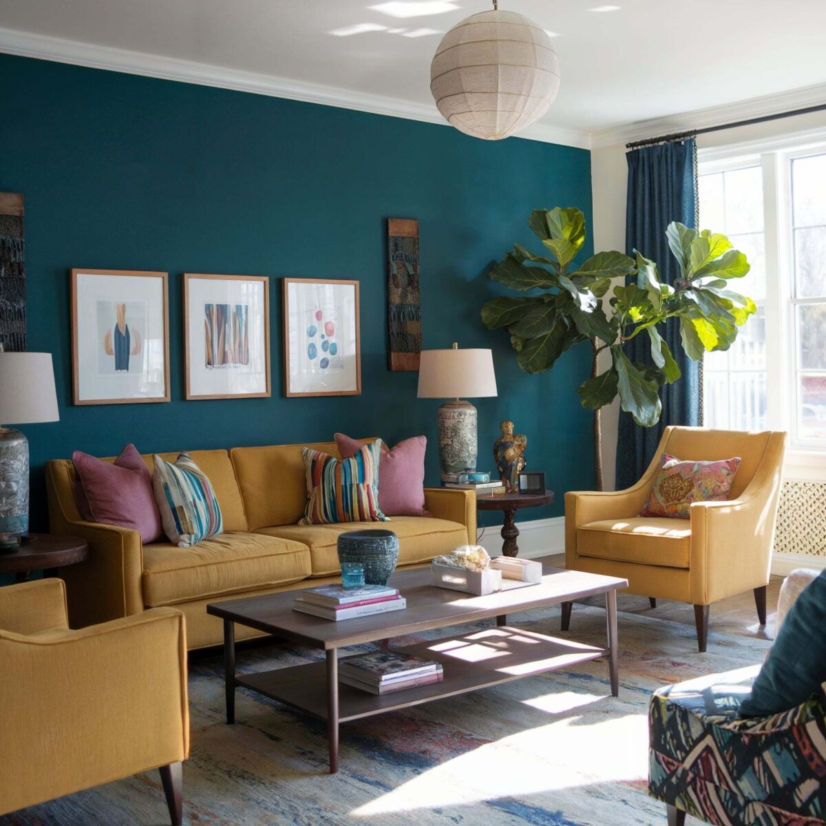 eclectic living room teal blue wall yellow couch