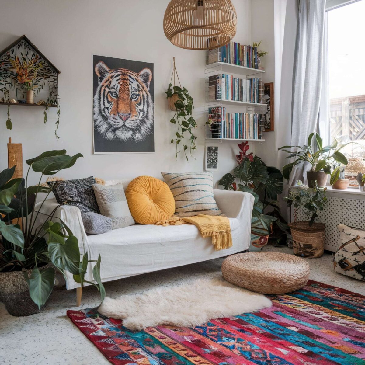 eclectic living room white walls white sofa