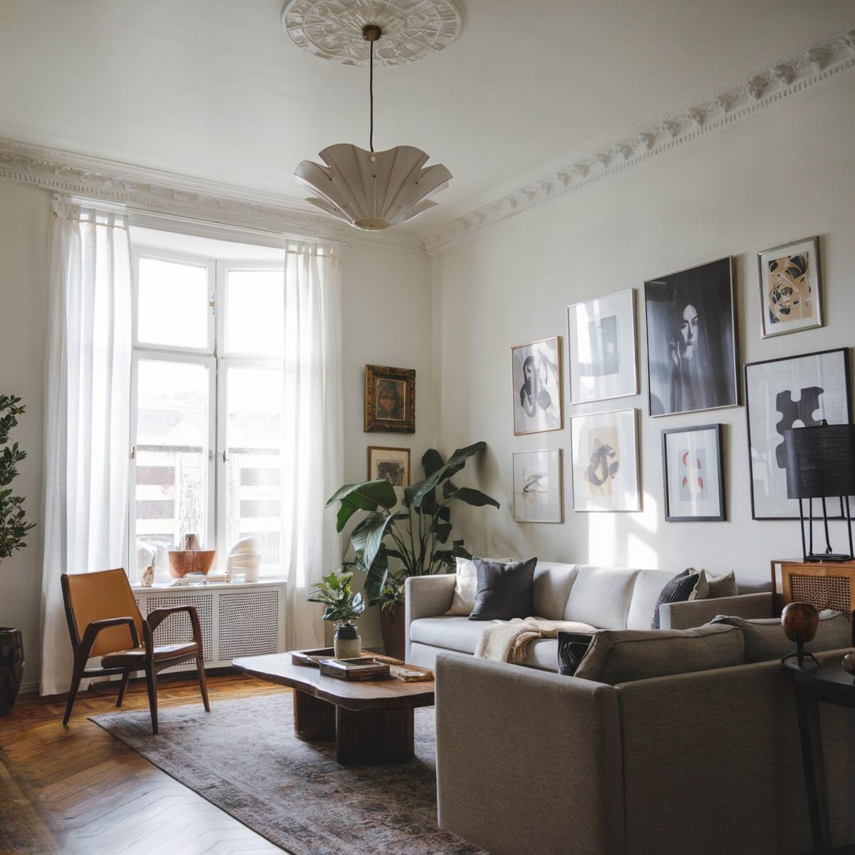 eclectic living room white walls white window frame