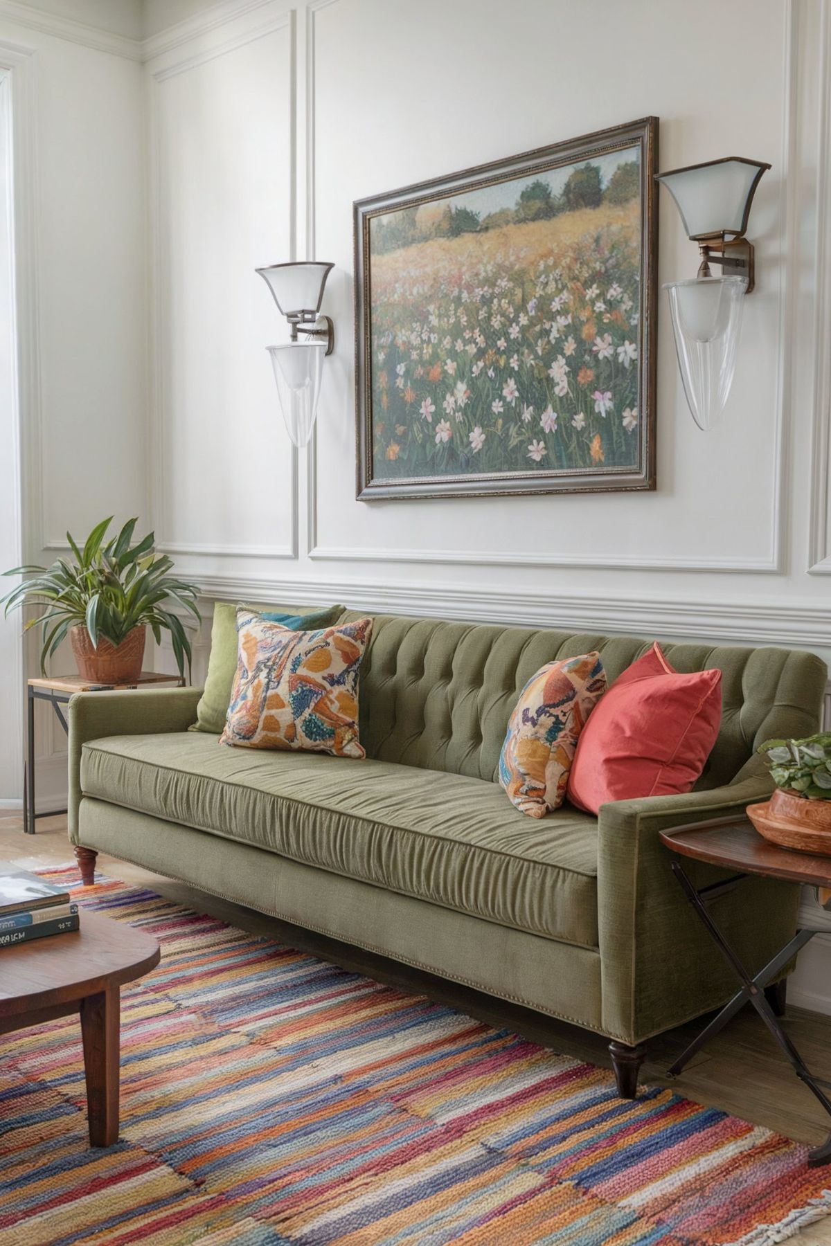 eclectic minimalist living room ideas green sofa big wall frame colorful pillows