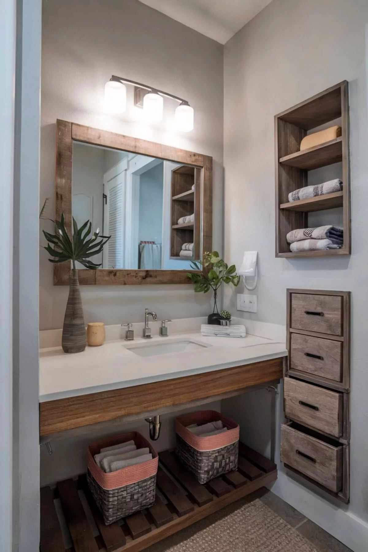 elegant farmhouse bathroom vanity with a wooden vanity having a sleek white countertop