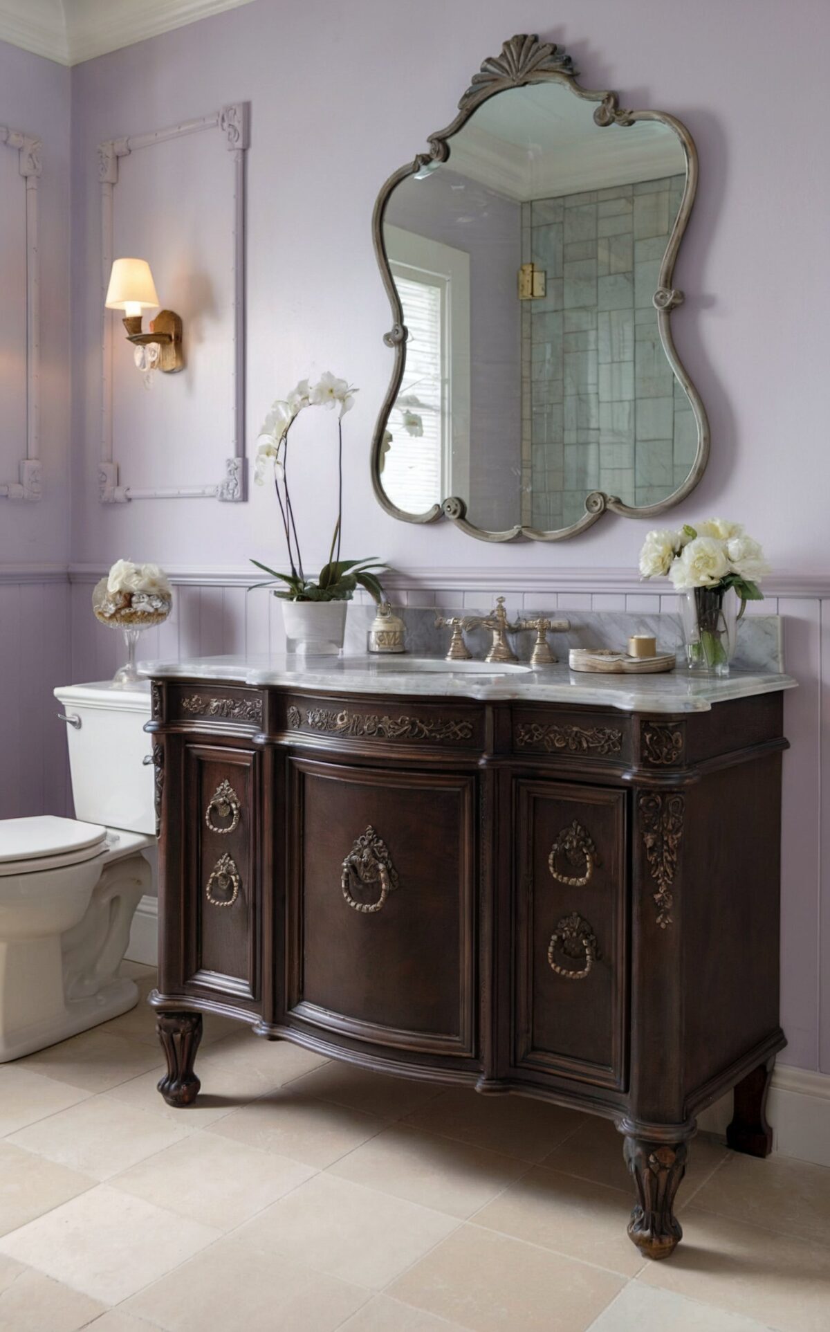 european farmhouse bathroom vanity dark wooden vanity, ornate carvings with handles, and a marble counter