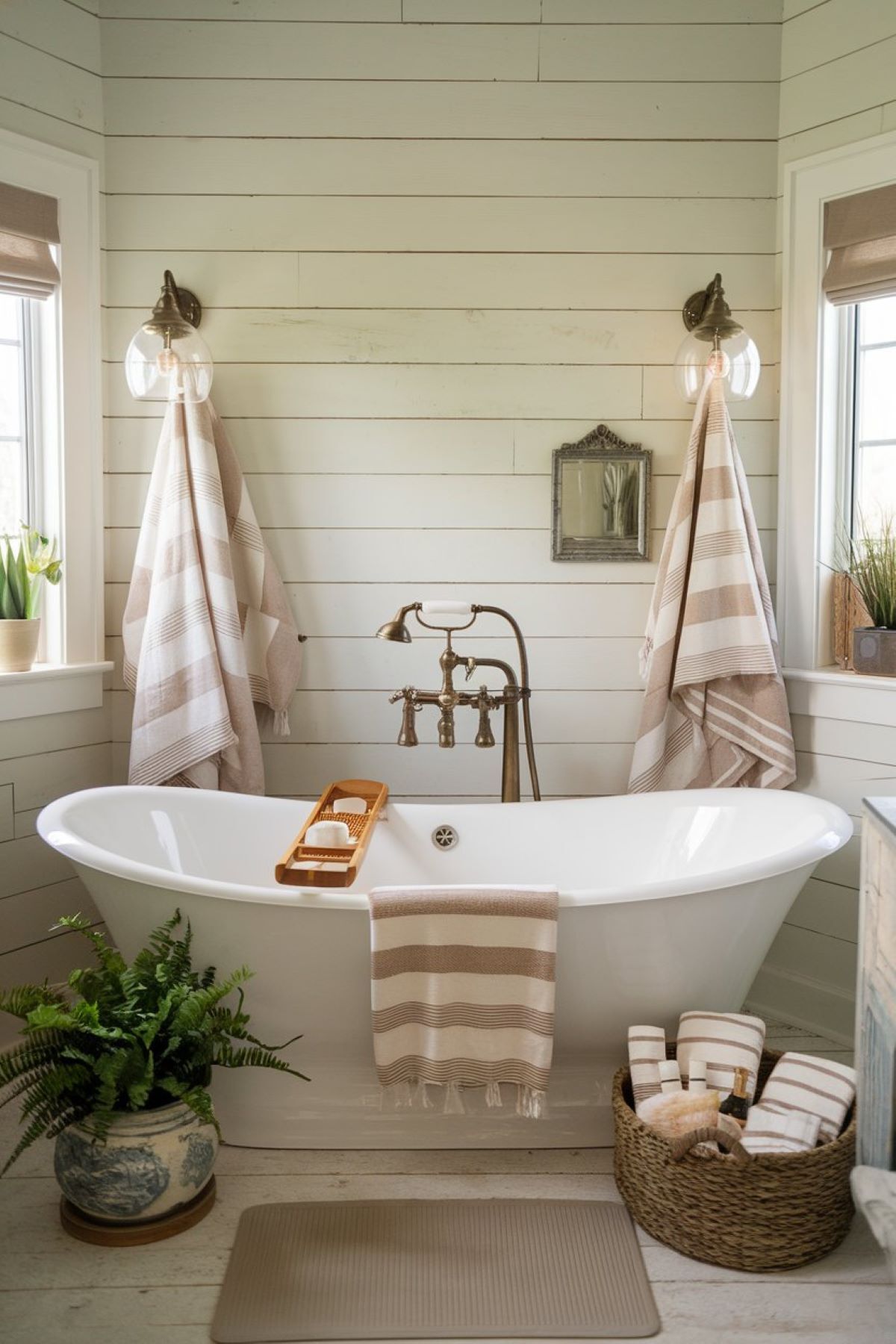farmhouse bathroom centered around a beautiful, freestanding tub.