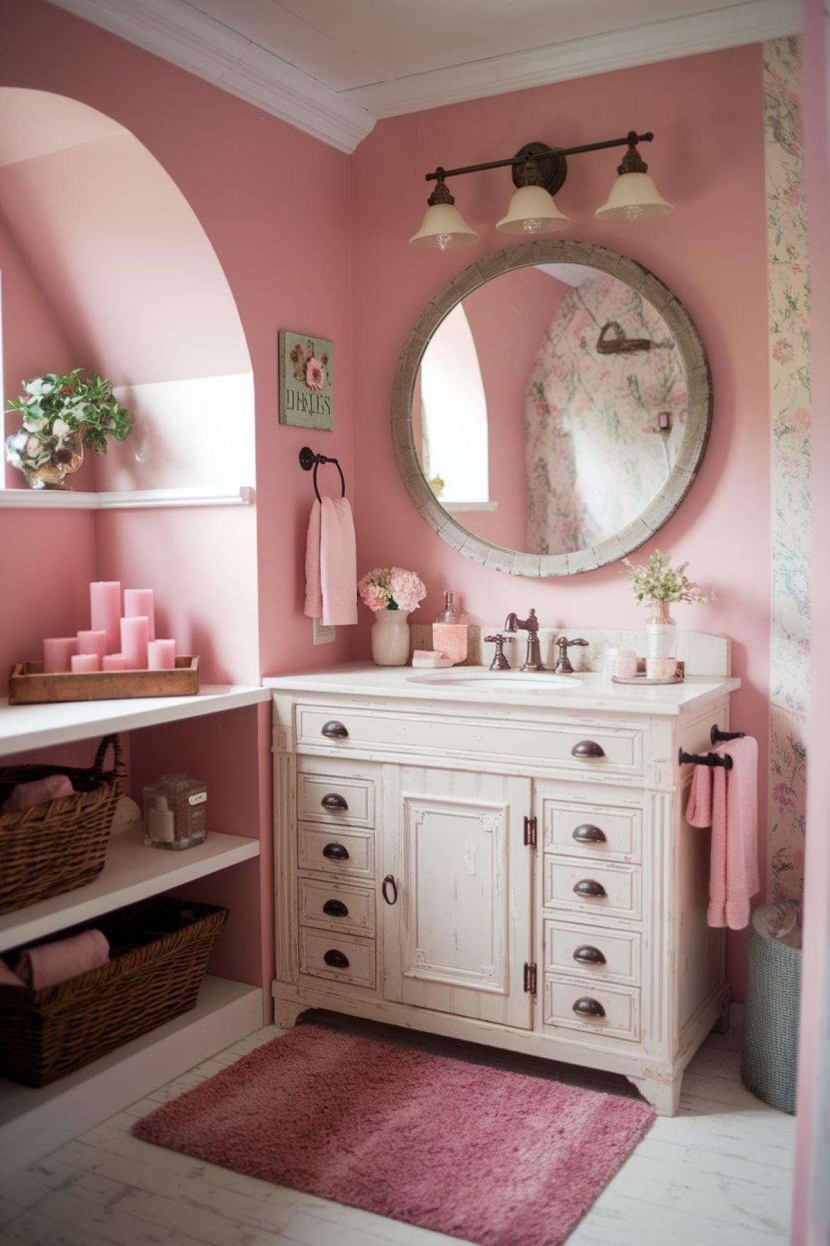 farmhouse bathroom infused with soft pink hues