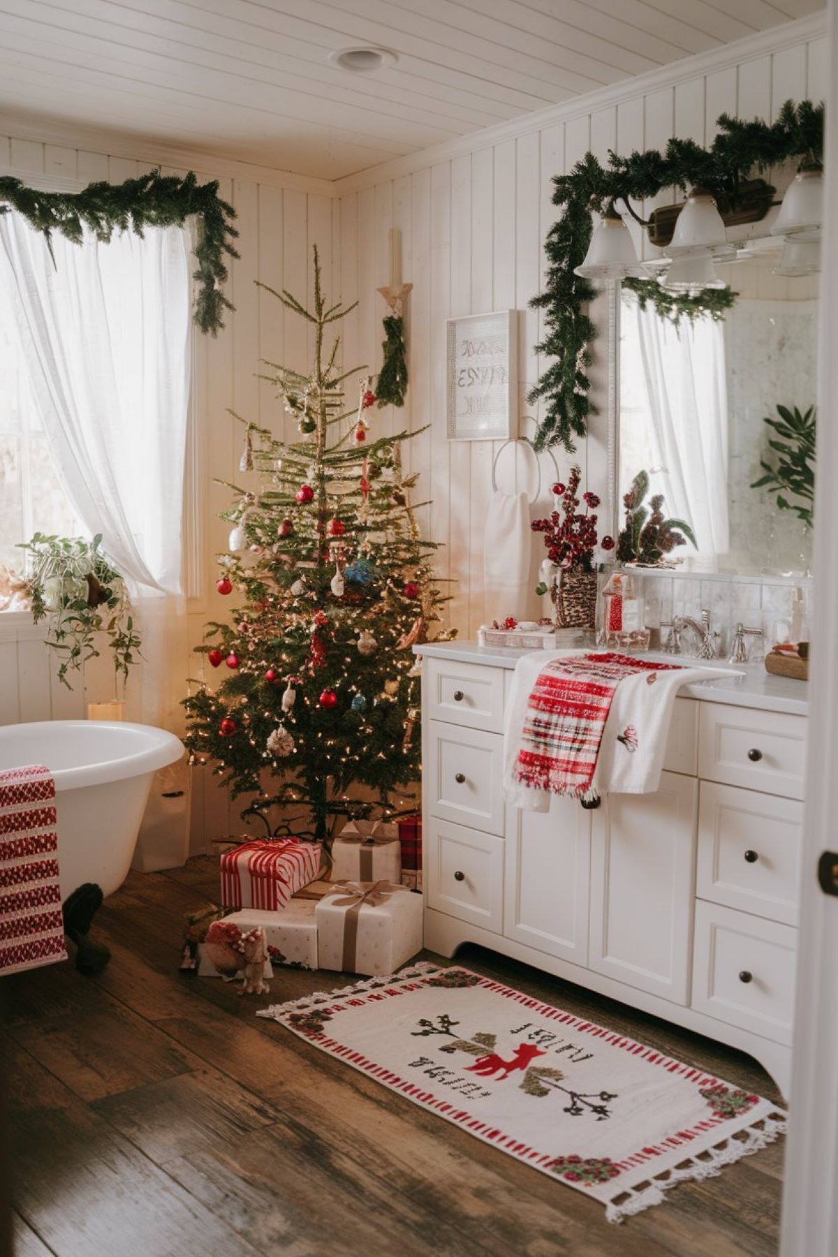 farmhouse bathroom transformed into a festive Christmas wonderland