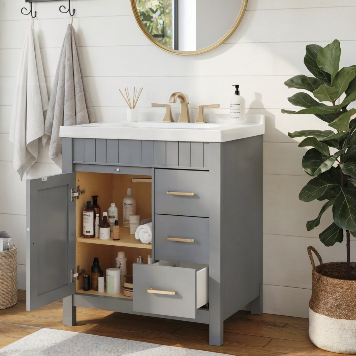 farmhouse bathroom vanity 30 inch setting with the cabinet in the center