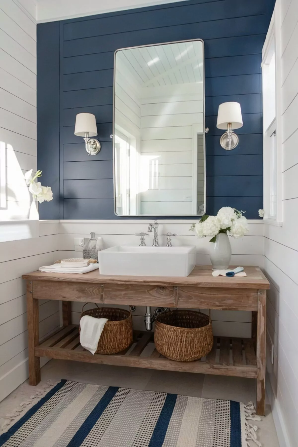 farmhouse bathroom vanity backsplash with a deep blue backsplash and white wooden paneling
