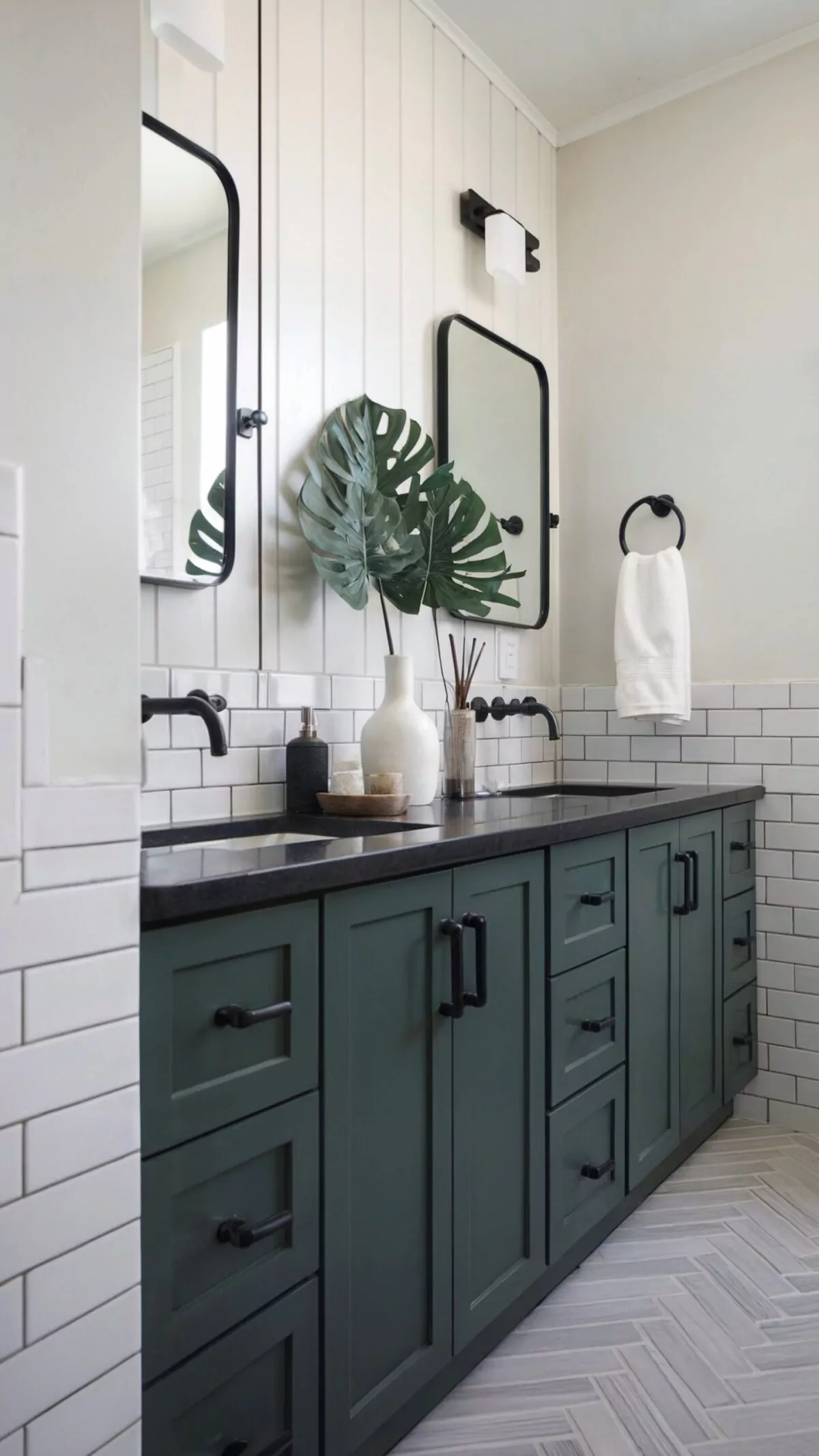 farmhouse bathroom vanity black top a dark green cabinet vanity