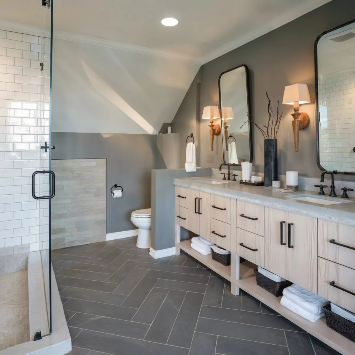farmhouse bathroom vanity hardware with a light wooden finish