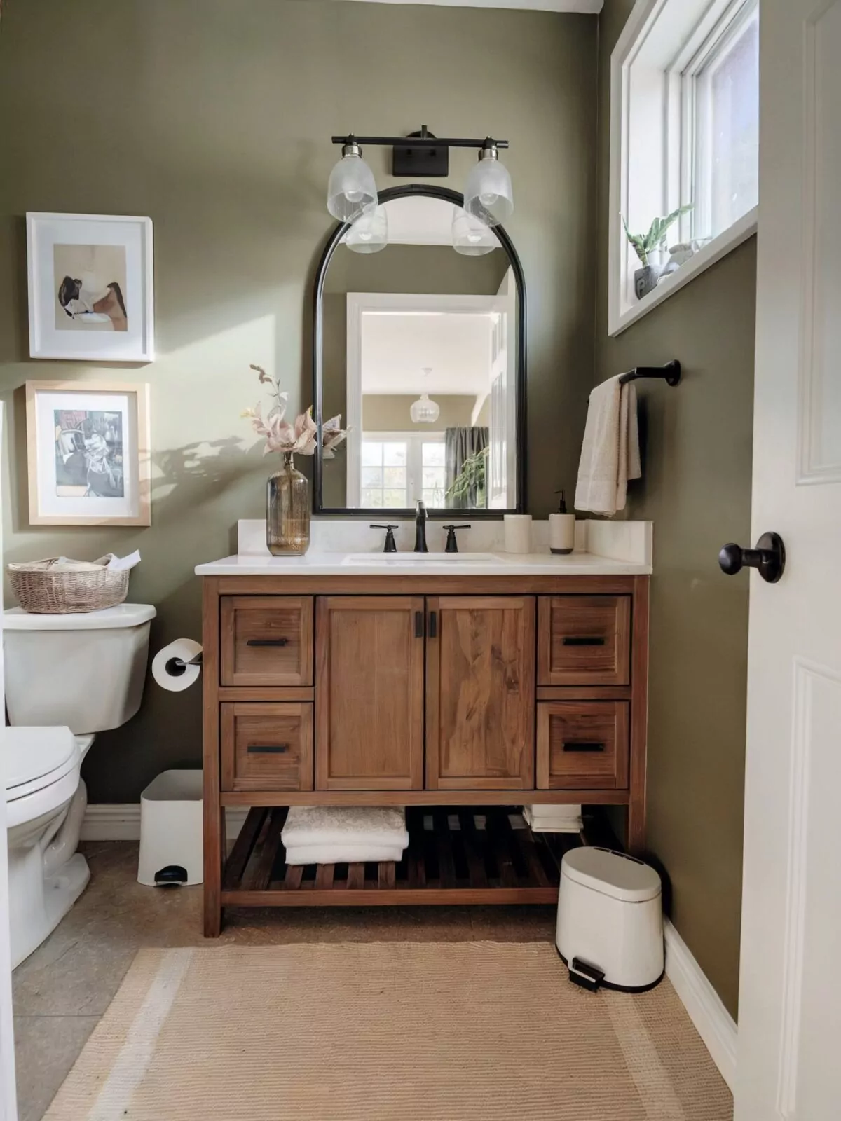 farmhouse bathroom vanity mirror ideas with white countertop, sink, and faucet