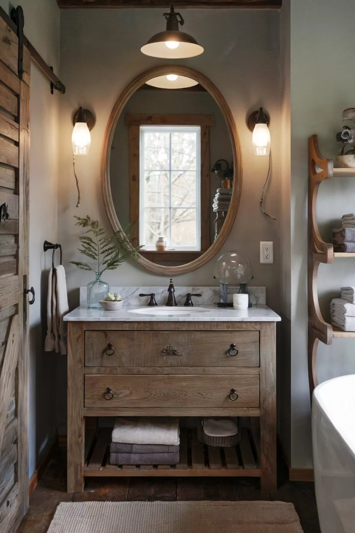 farmhouse bathroom vanity organization of a wooden vanity with a marble countertop and a modern faucet