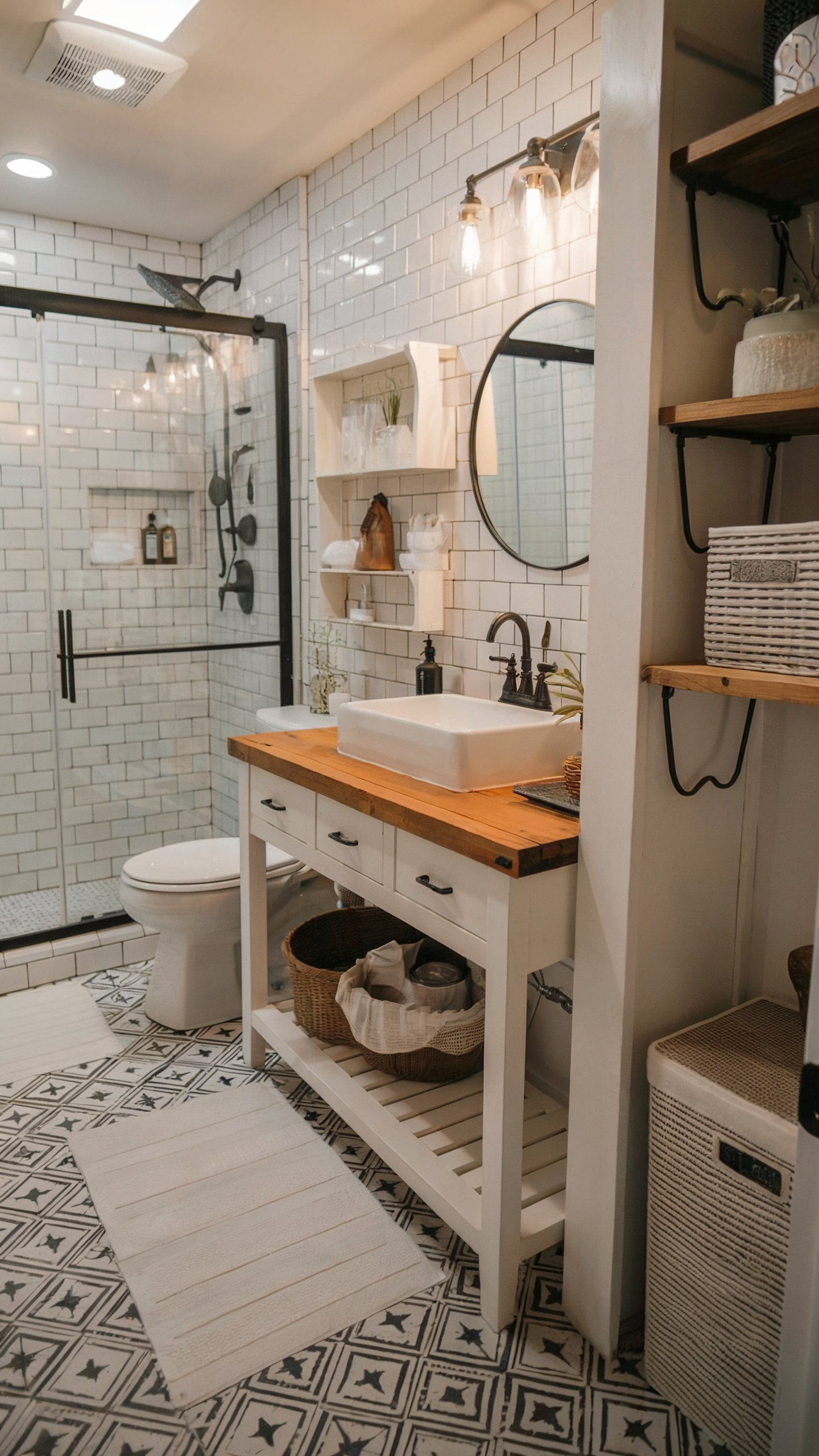 farmhouse bathroom vanity plans a wooden countertop tops a white vanity which holds a sink faucet