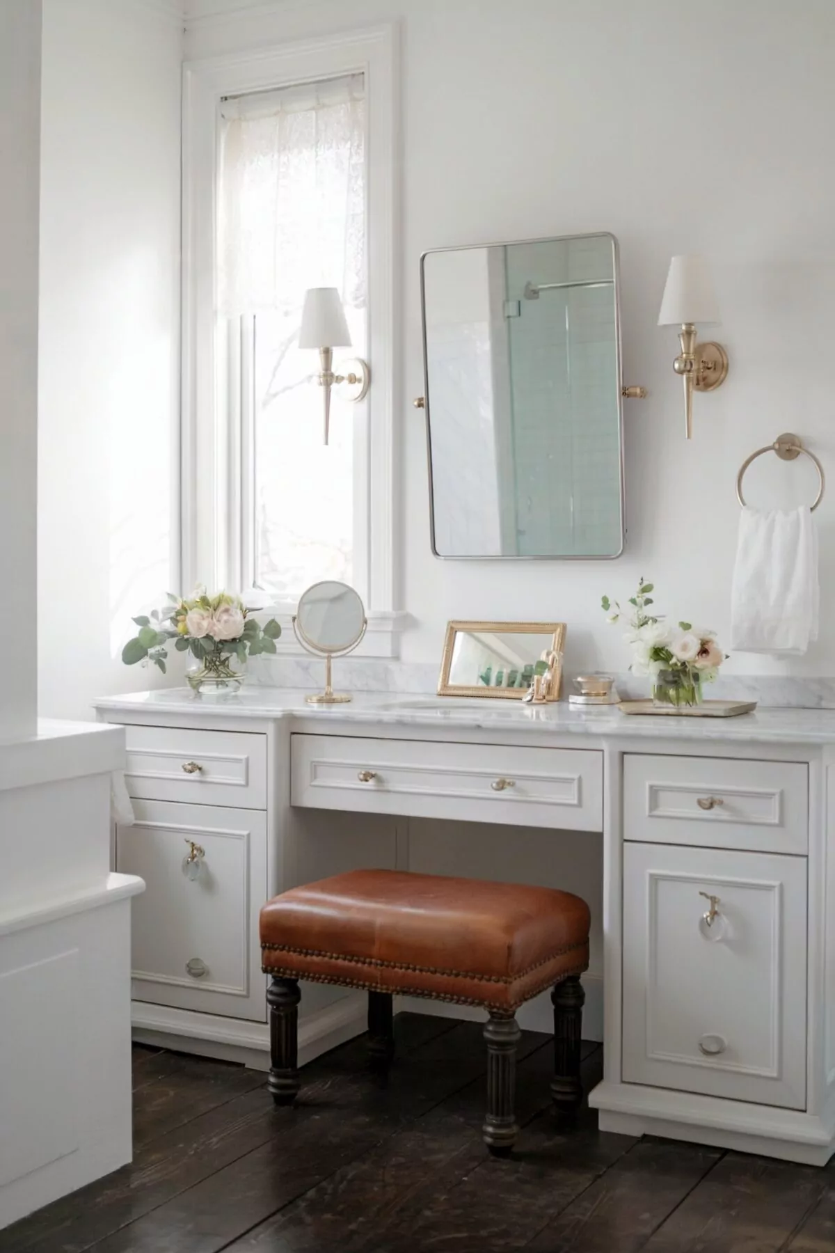 farmhouse bathroom vanity stool a white vanity with a marble countertop