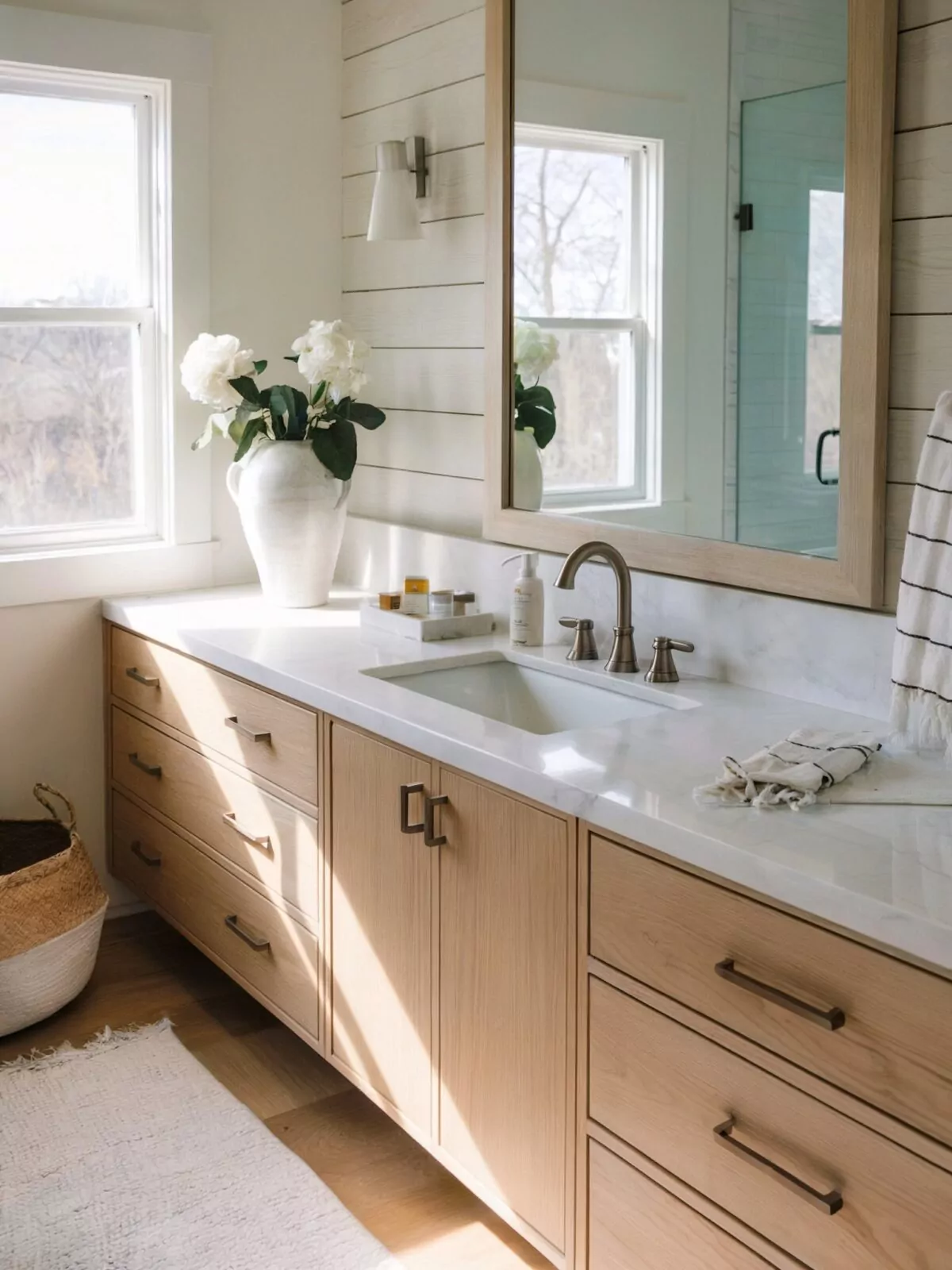 farmhouse bathroom vanity with one sink