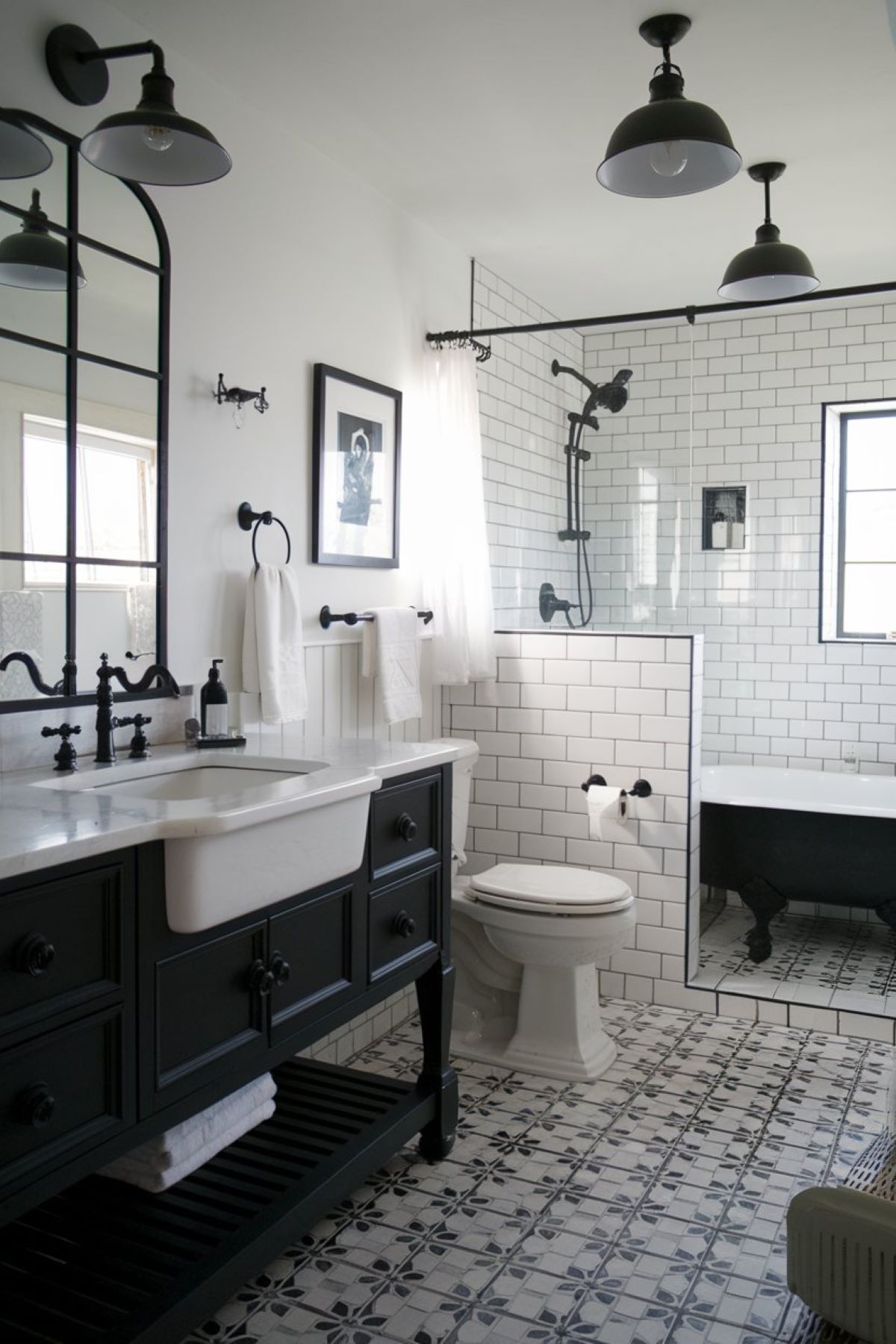 farmhouse bathroom with a black and white color scheme