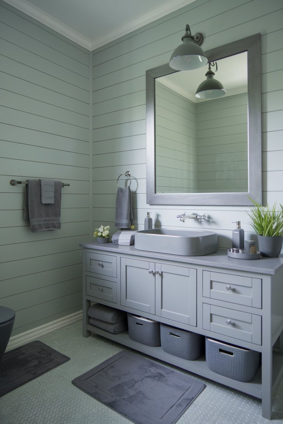 farmhouse bathroom with a gray color scheme