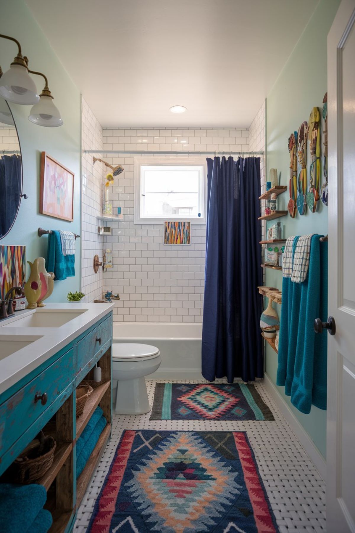 farmhouse bathroom with a lively color palette