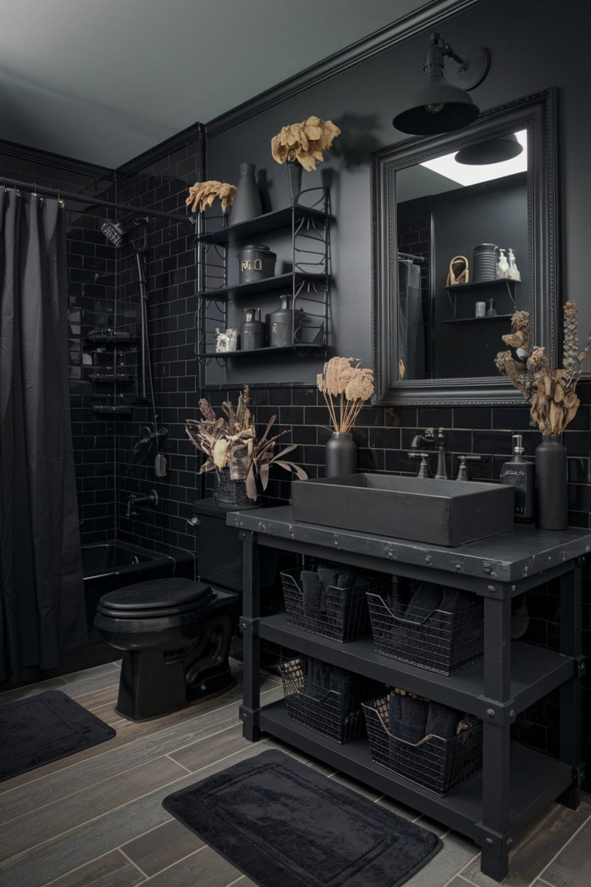 farmhouse bathroom with a matte black color palette