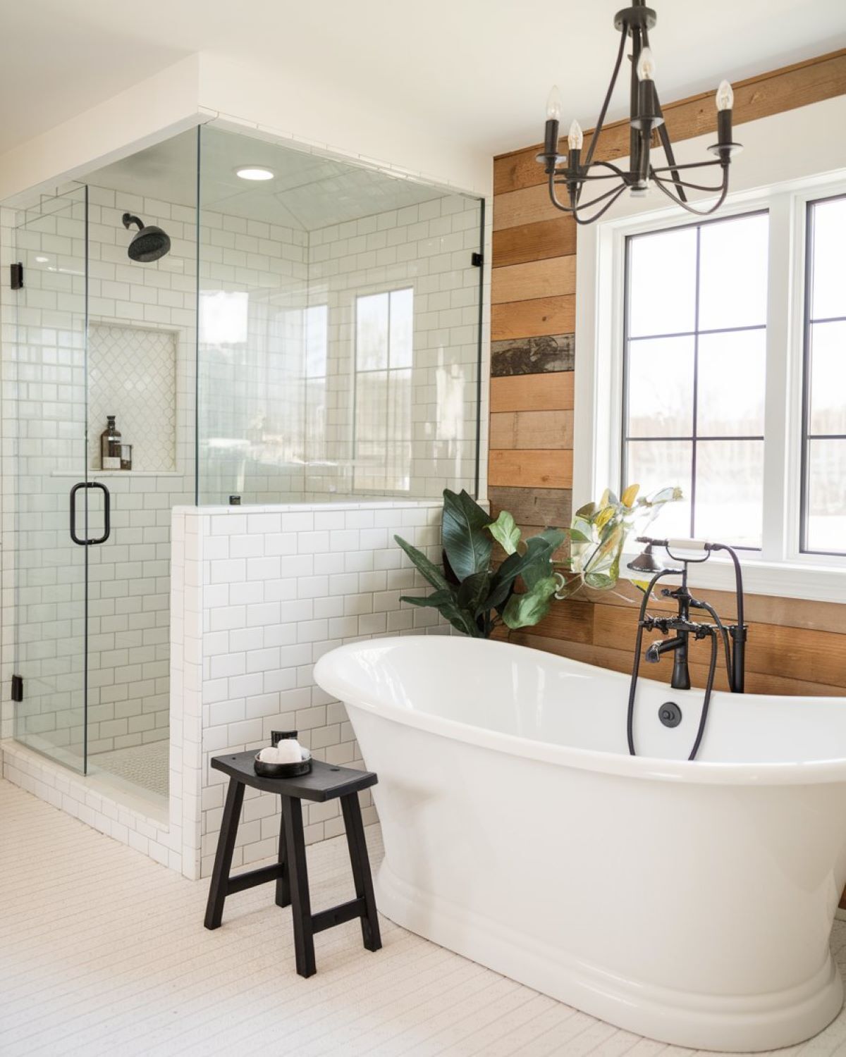 farmhouse bathroom with blend of rustic and contemporary tiles