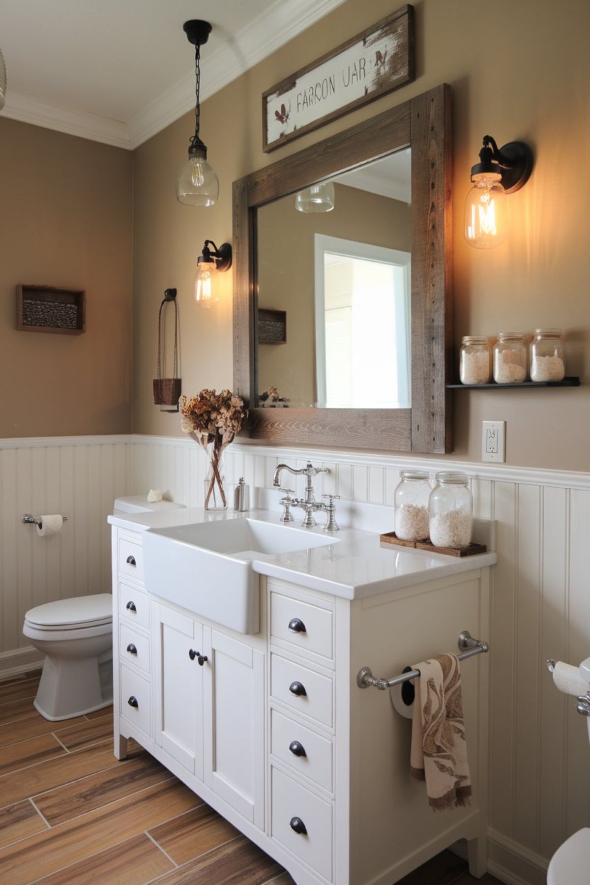 farmhouse bathroom with mason jars for storage