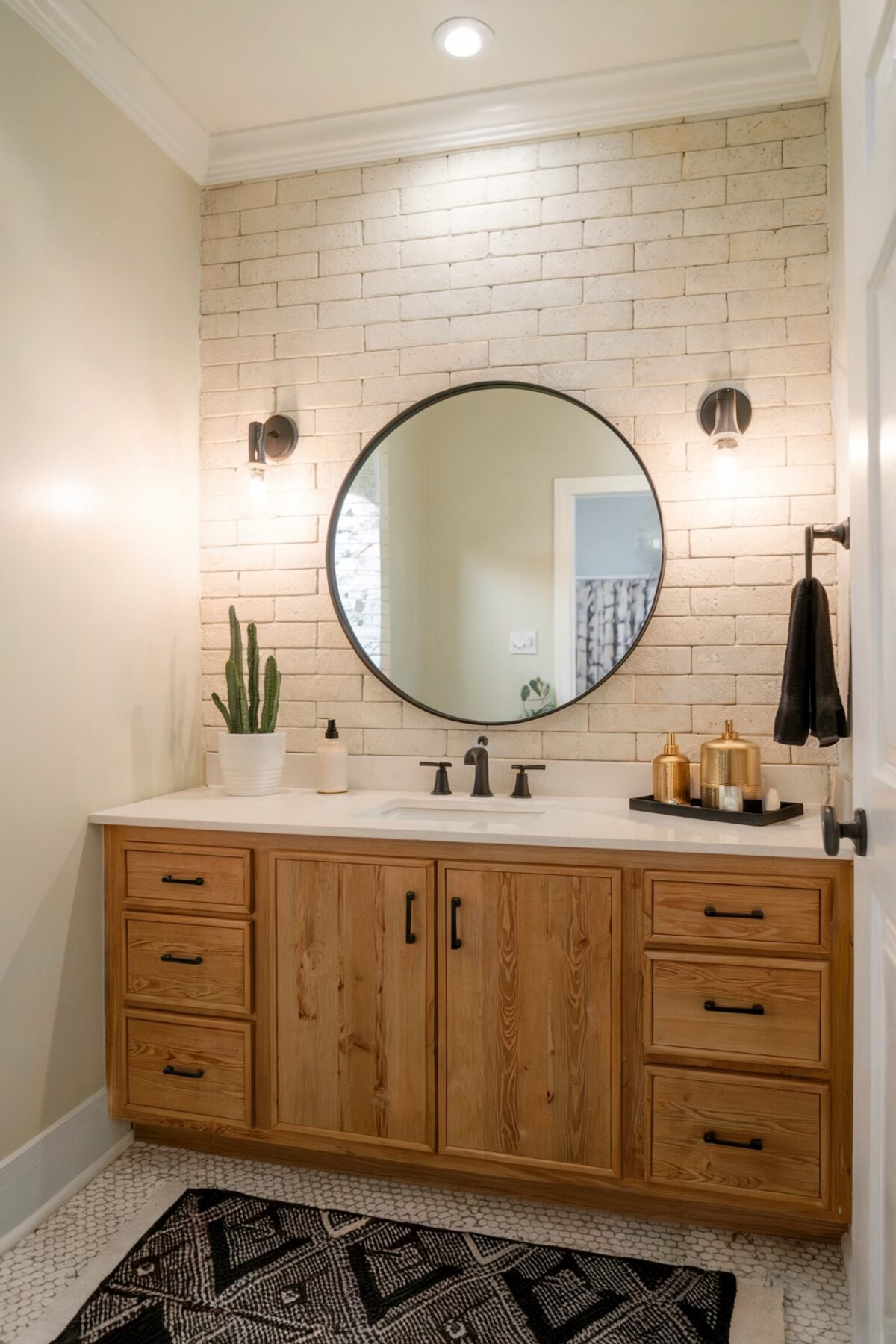 farmhouse bathroom with natural wood vanity and a white countertop
