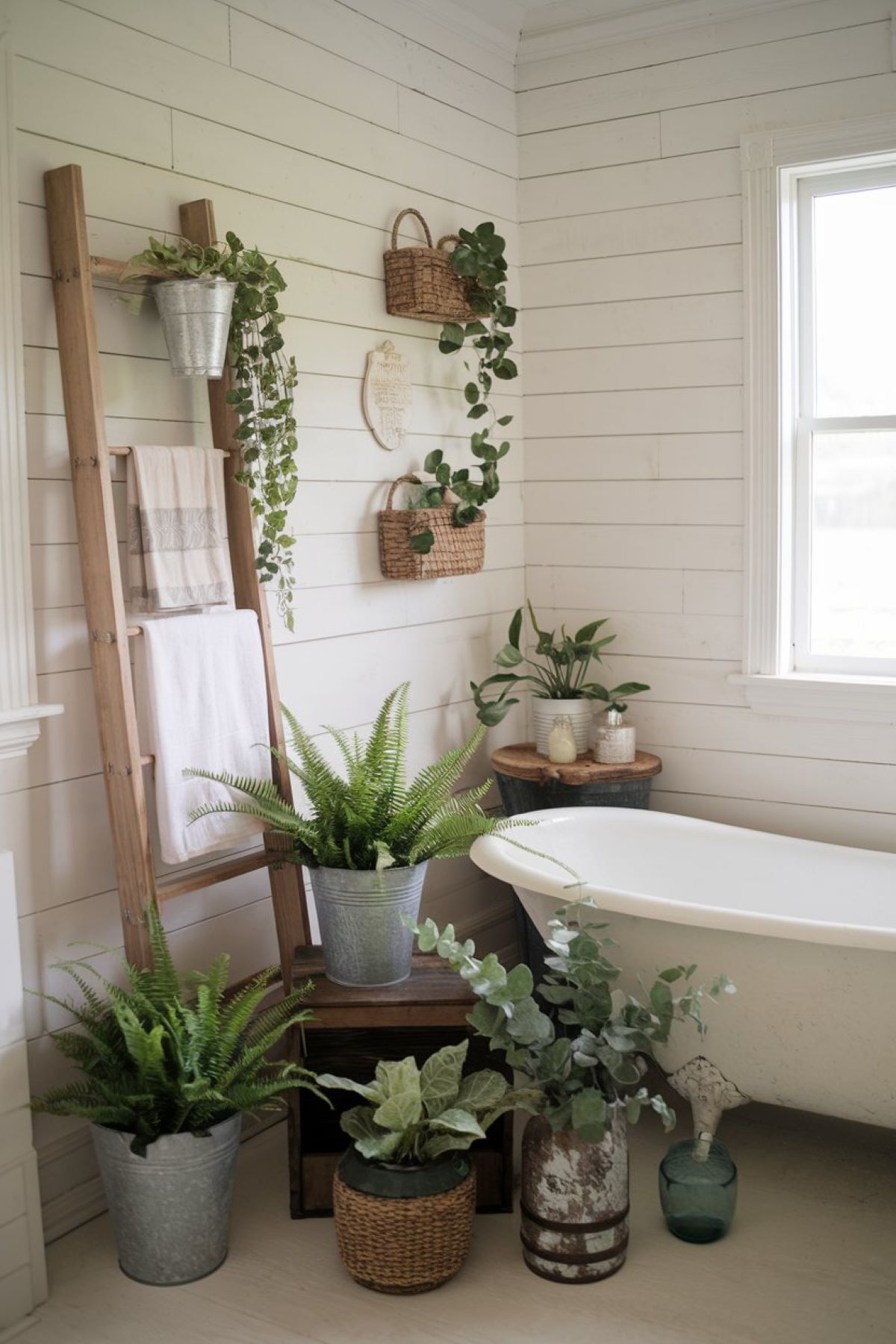 farmhouse bathroom with plant decor