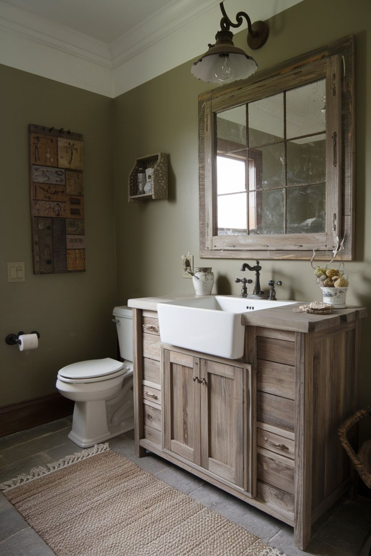 farmhouse bathroom with primitive decor