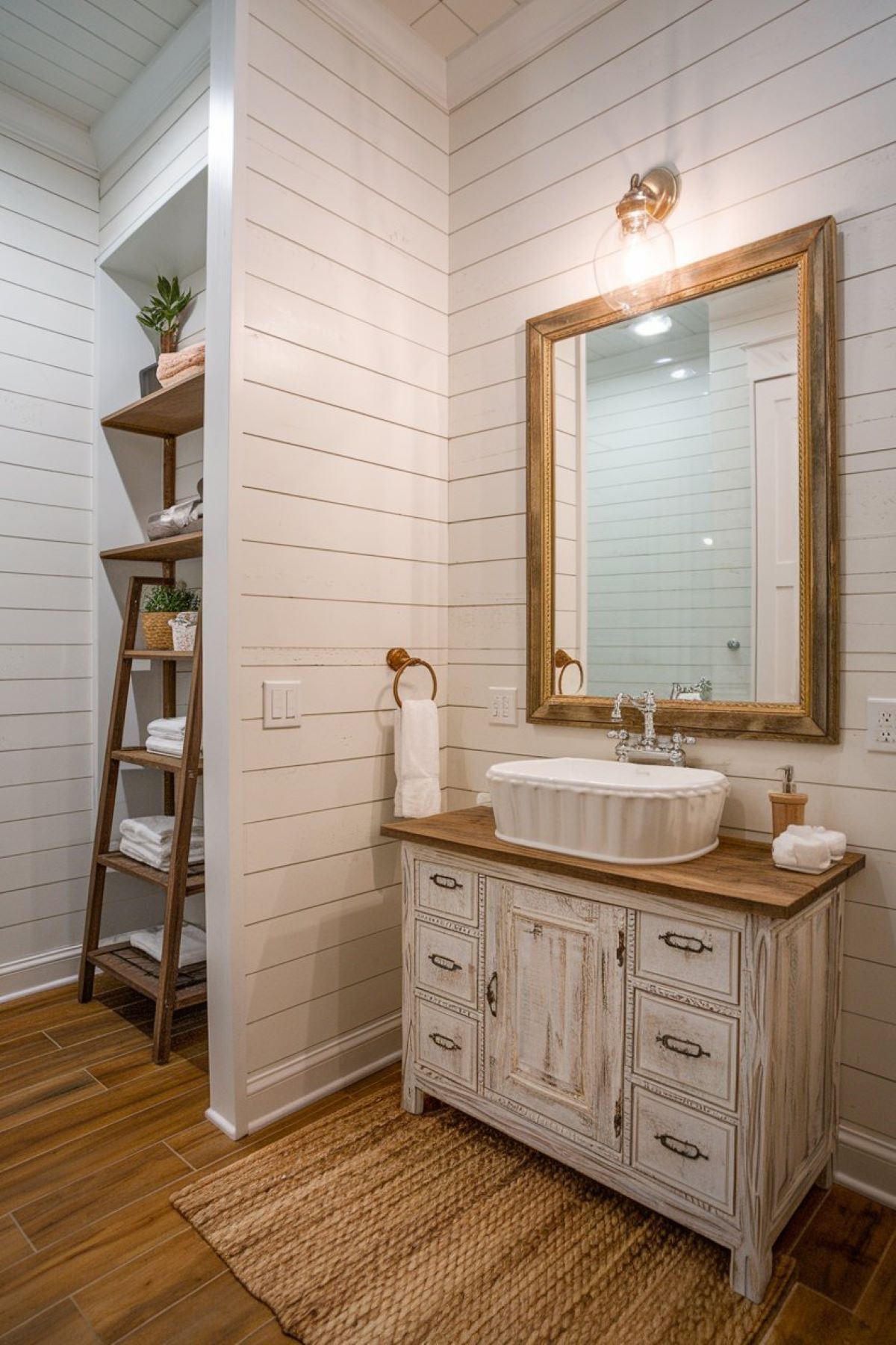 farmhouse bathroom with shiplap walls