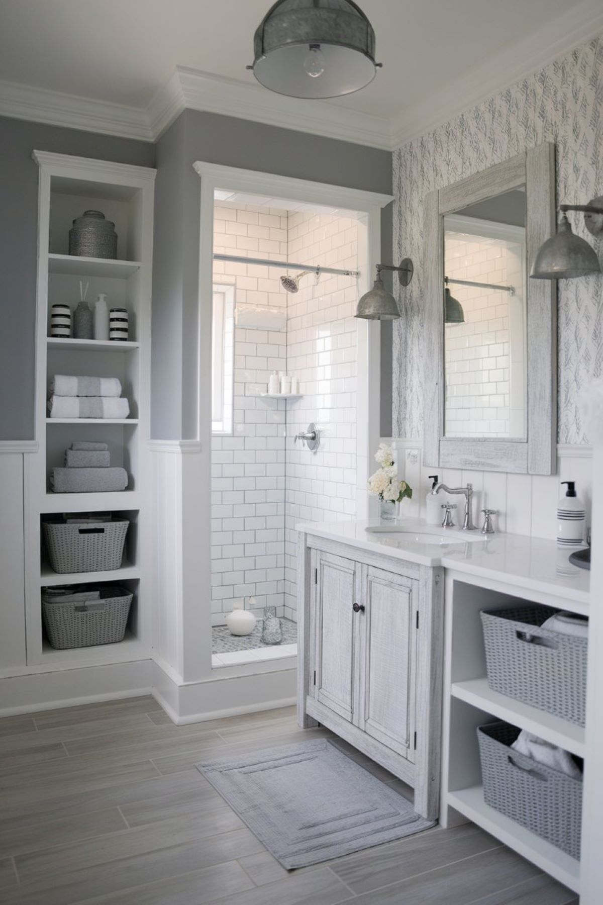 farmhouse bathroom with white and gray palette