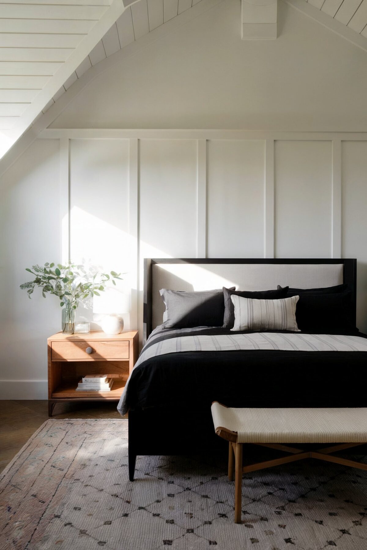 farmhouse bedroom black and white design