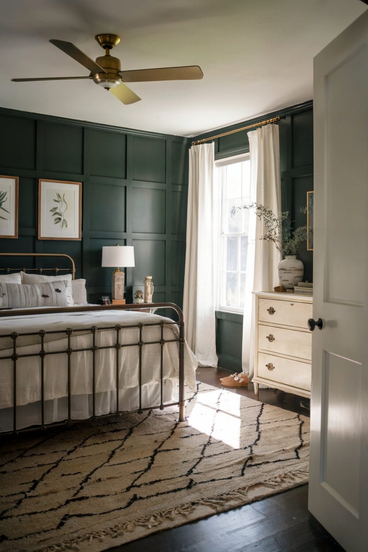 farmhouse bedroom decor with a dark green panele