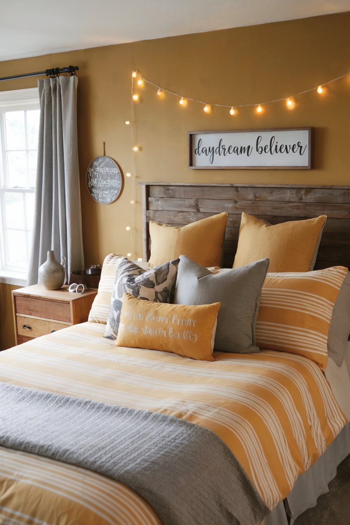 farmhouse bedroom gray and yellow design