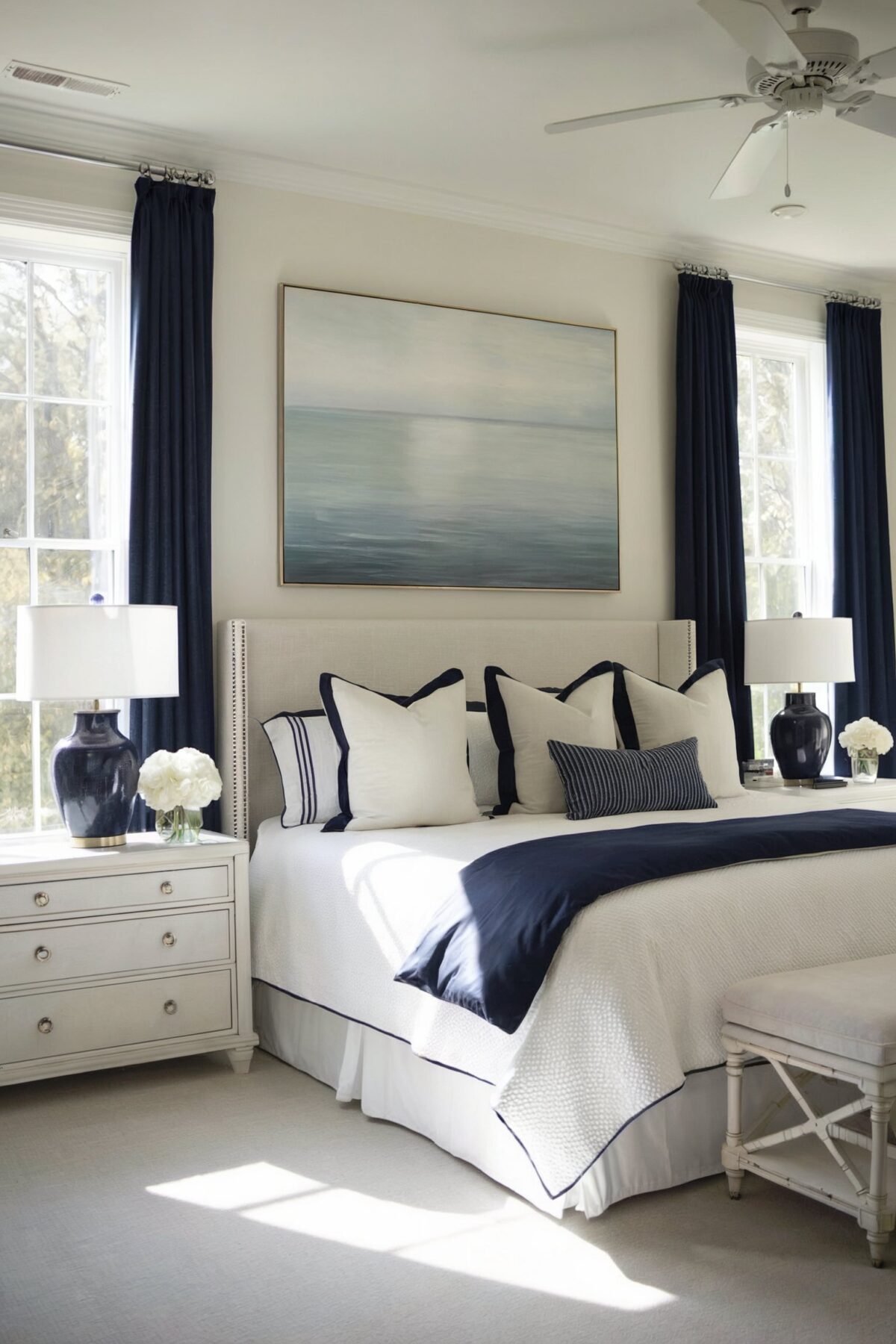 farmhouse bedroom navy and white design