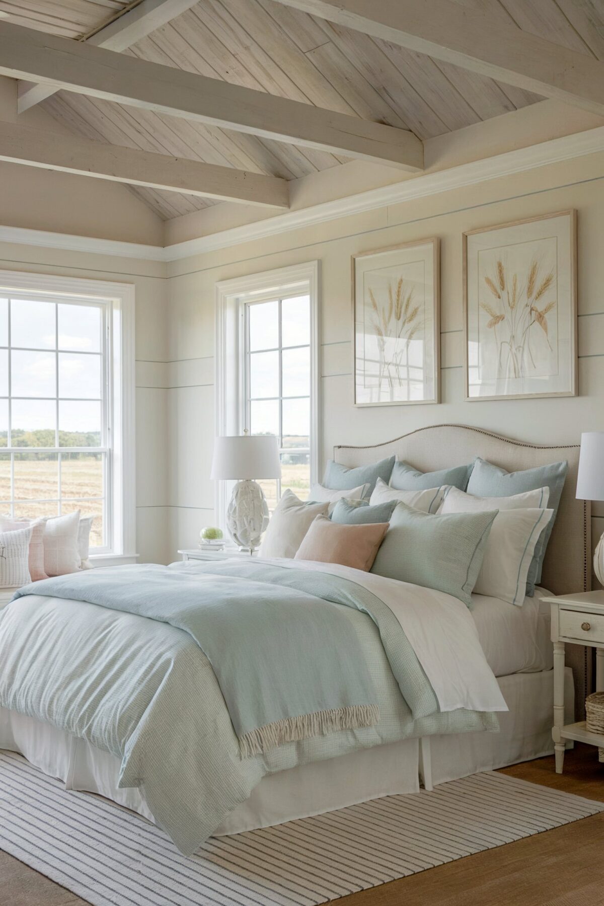 farmhouse bedroom white and light blue design