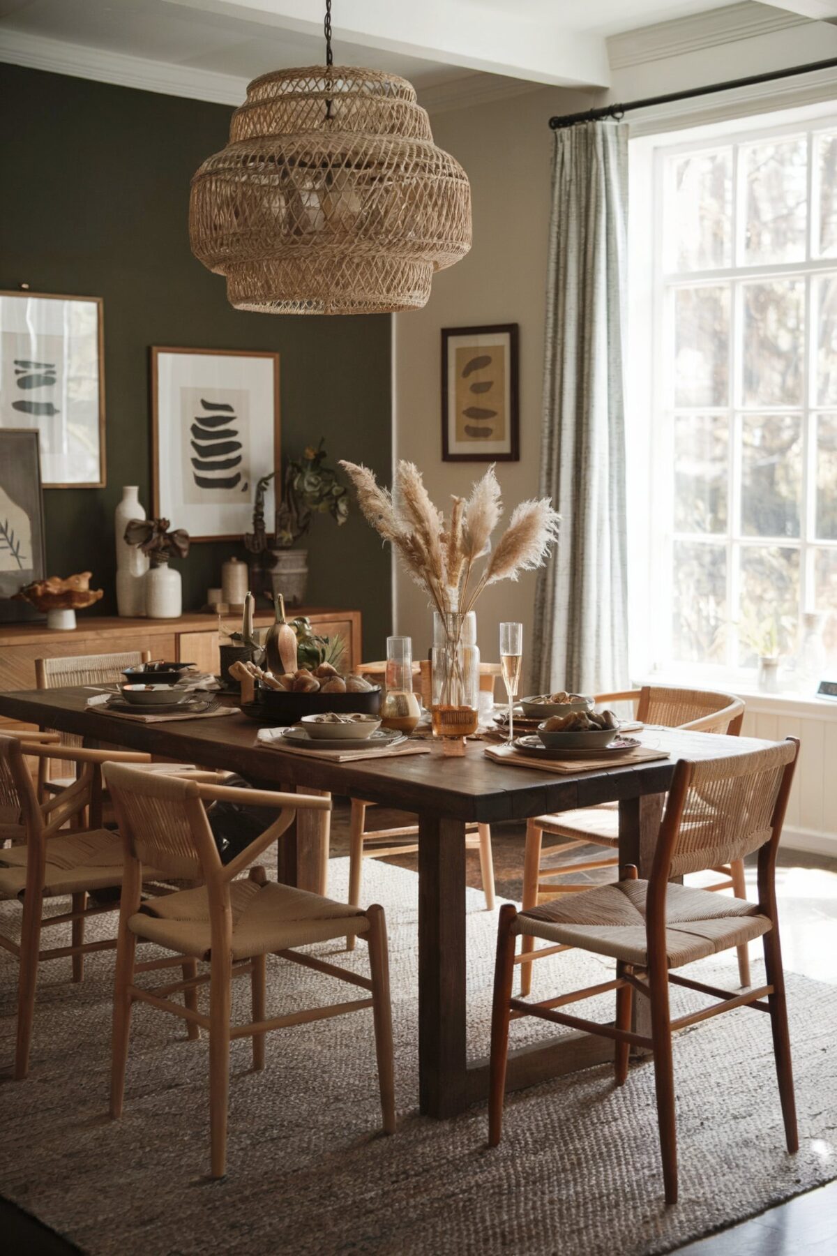 farmhouse eclectic decor dining room light brown palette