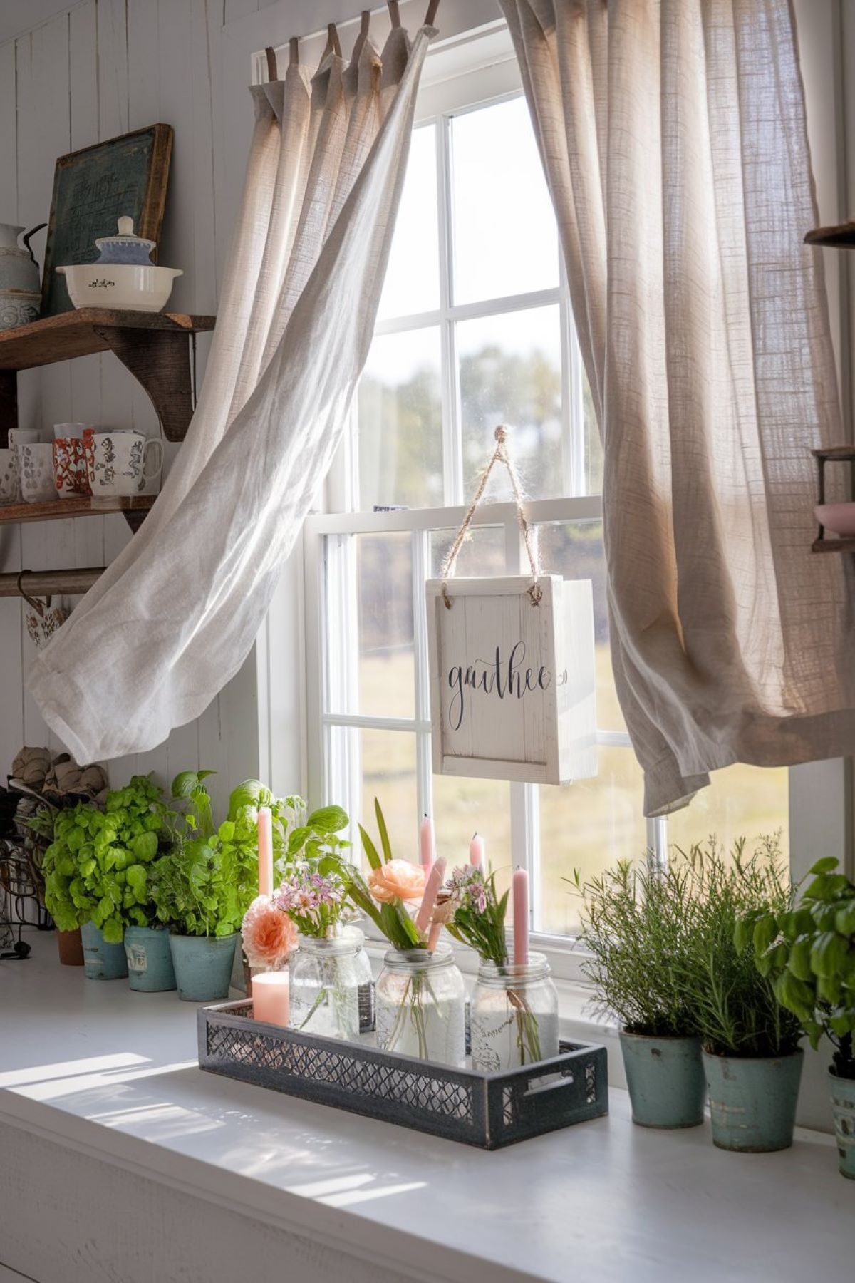 farmhouse kitchen window decor idea with windowsill lined with potted herbs