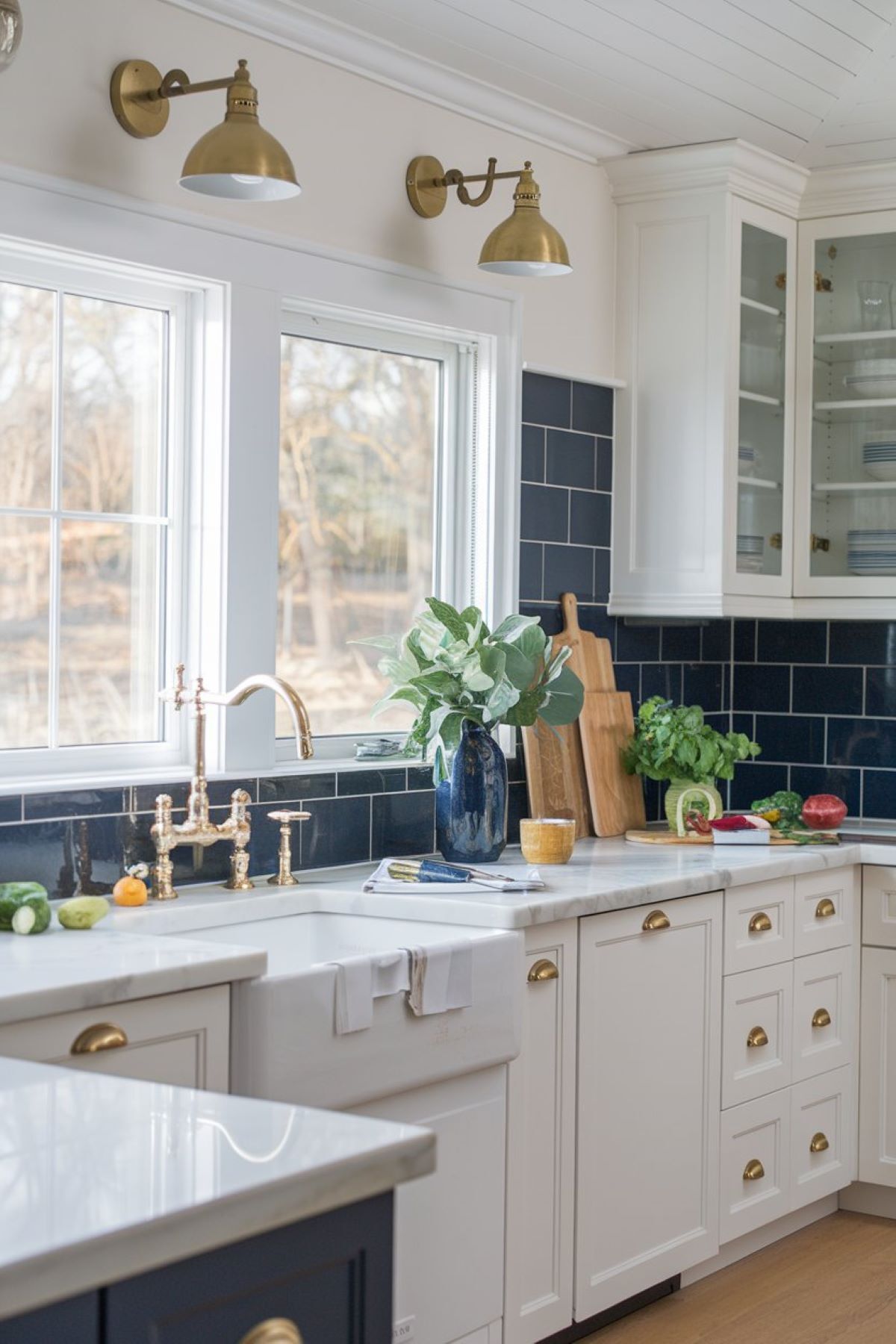 farmhouse kitchen with a navy blue tiled backsplash