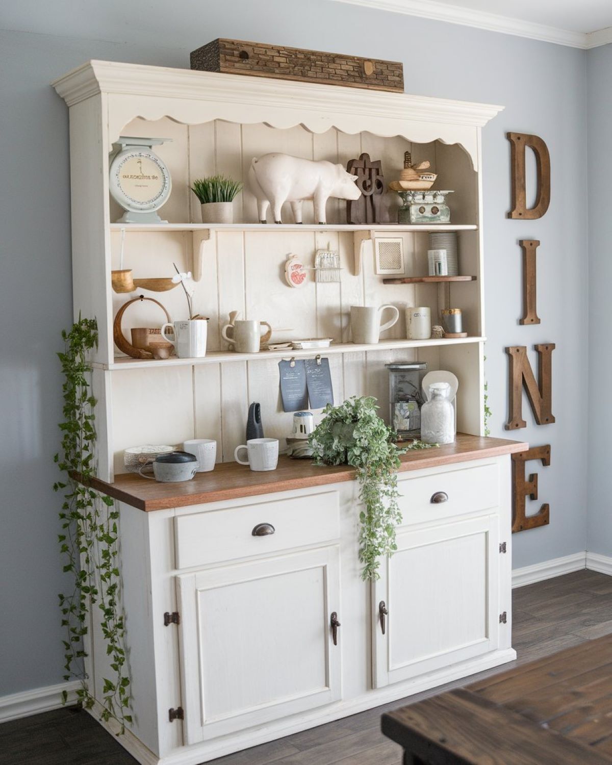 farmhouse kitchen with a white hutch decor idea