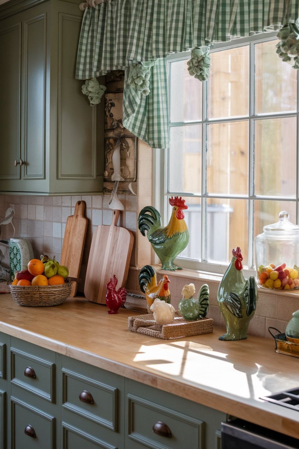 farmhouse kitchen with decorative roosters and hens