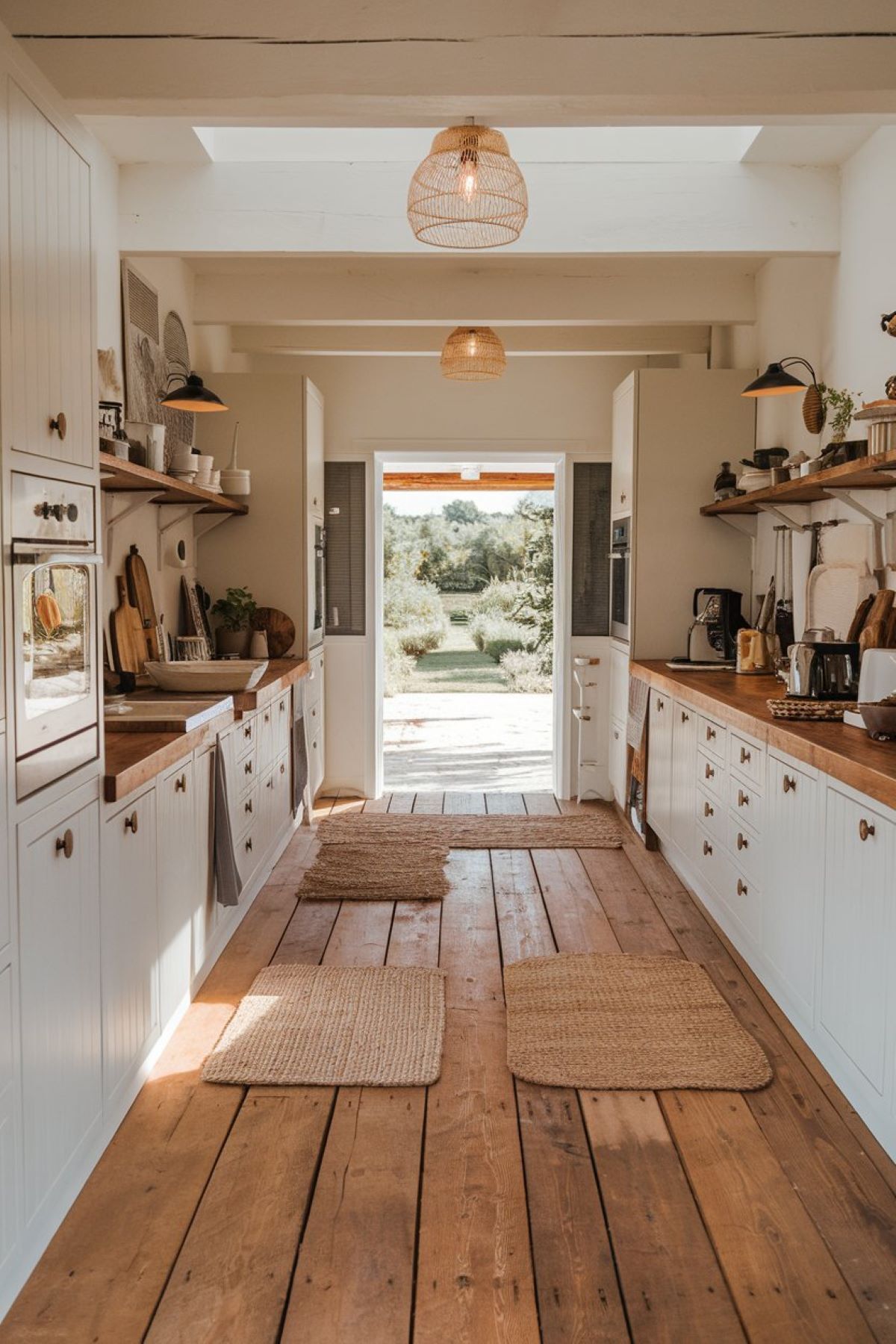 farmhouse kitchen with the floor made with wooden planks