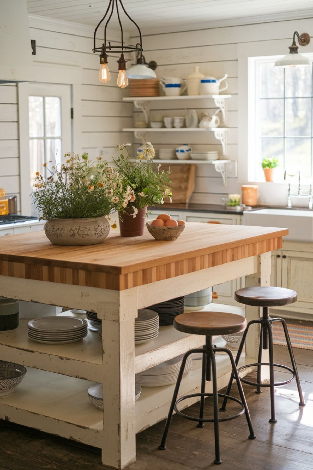 farmhouse kitchen with wooden island decor idea