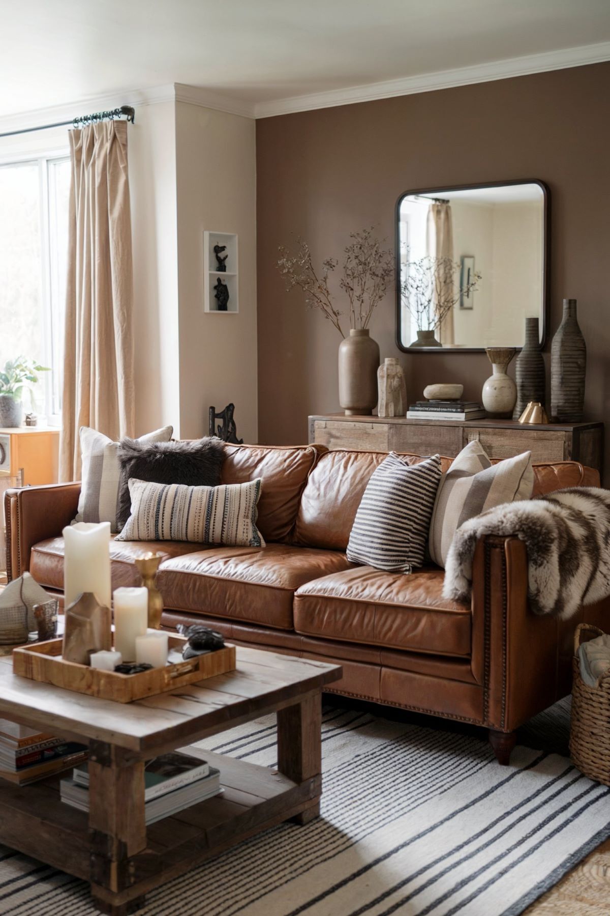 farmhouse living room decor brown couch