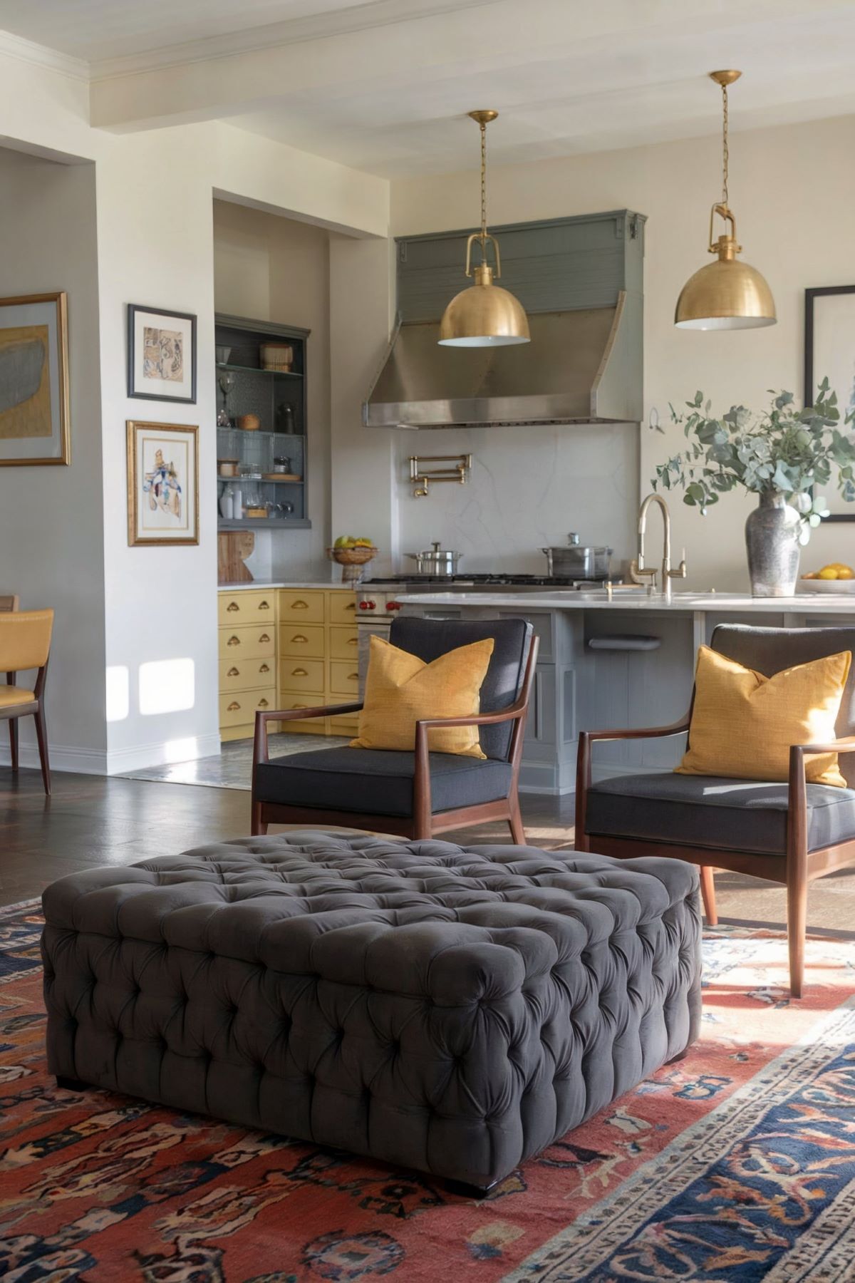 farmhouse living room decor gray and yellow