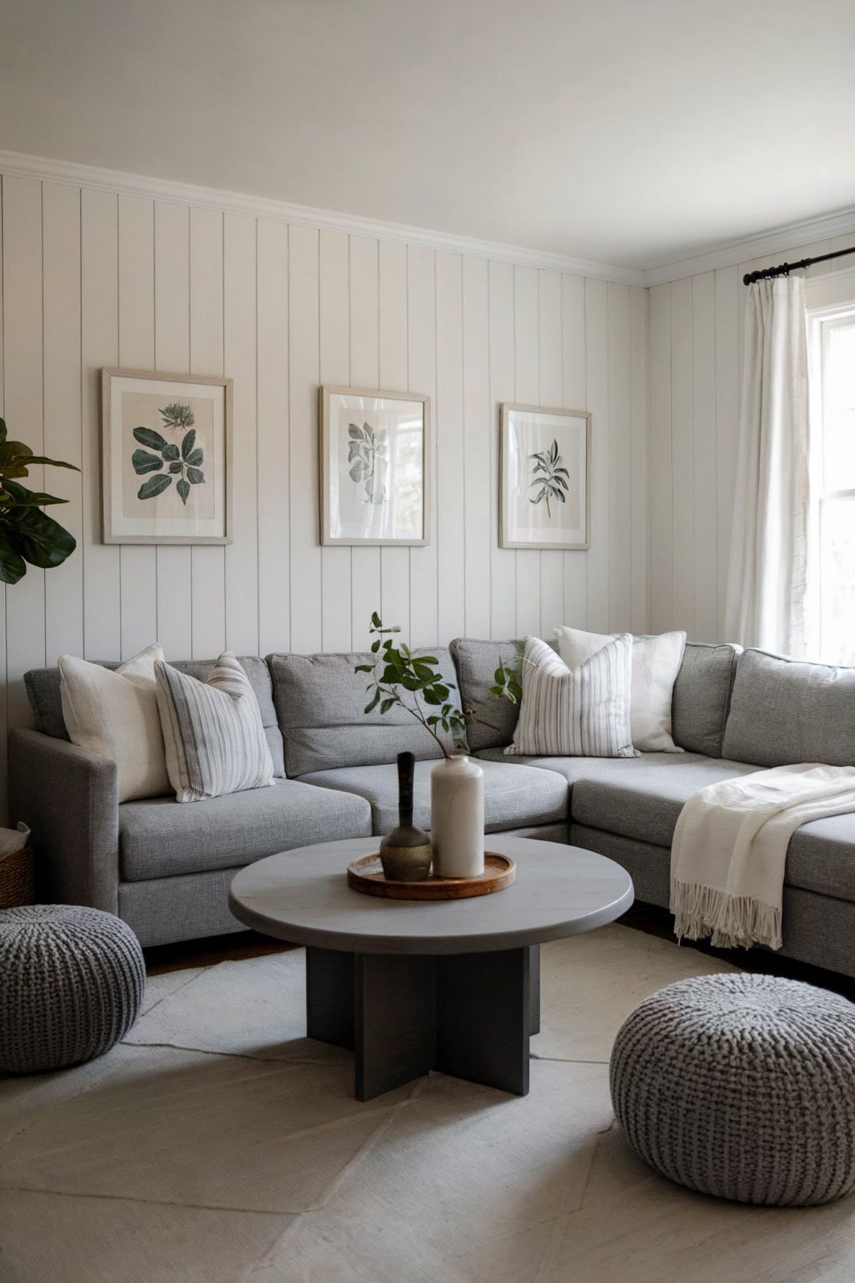 farmhouse living room decor grey couch