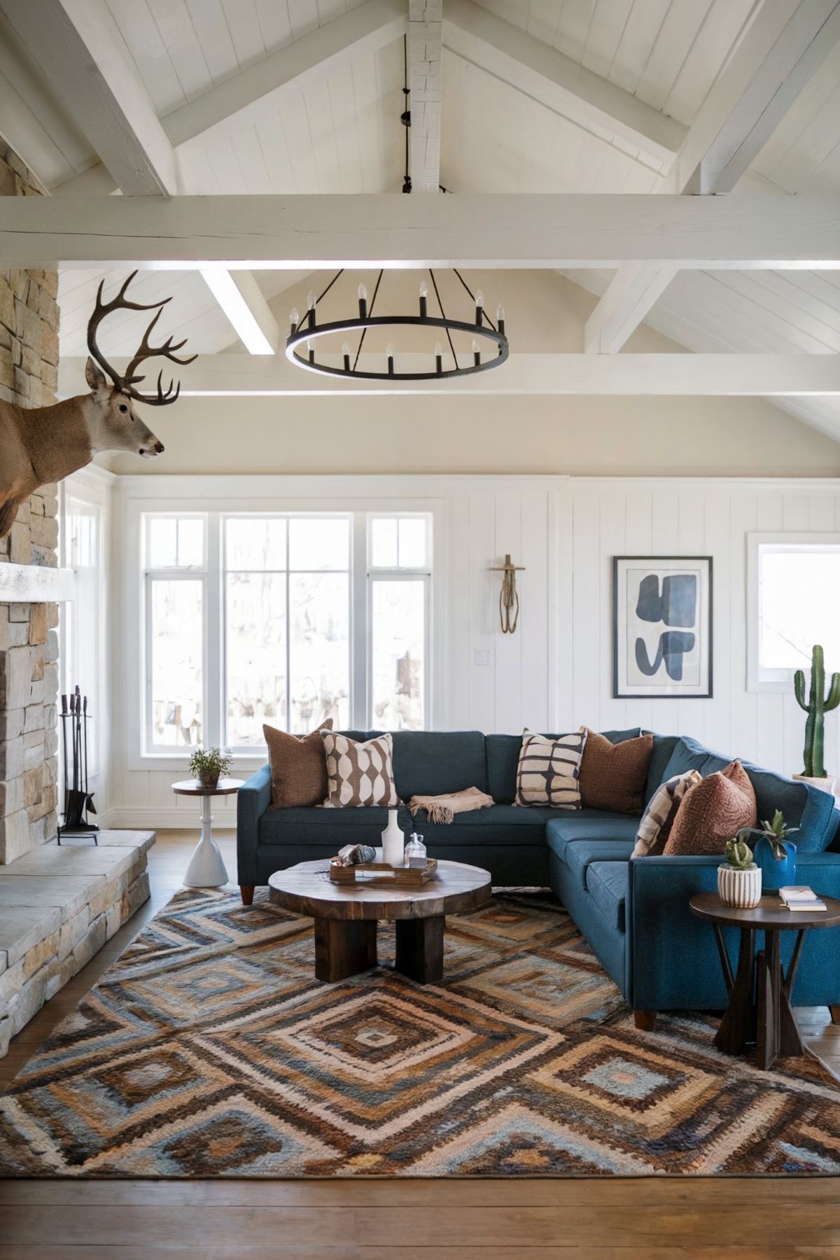 farmhouse living room decor navy blue and yellow