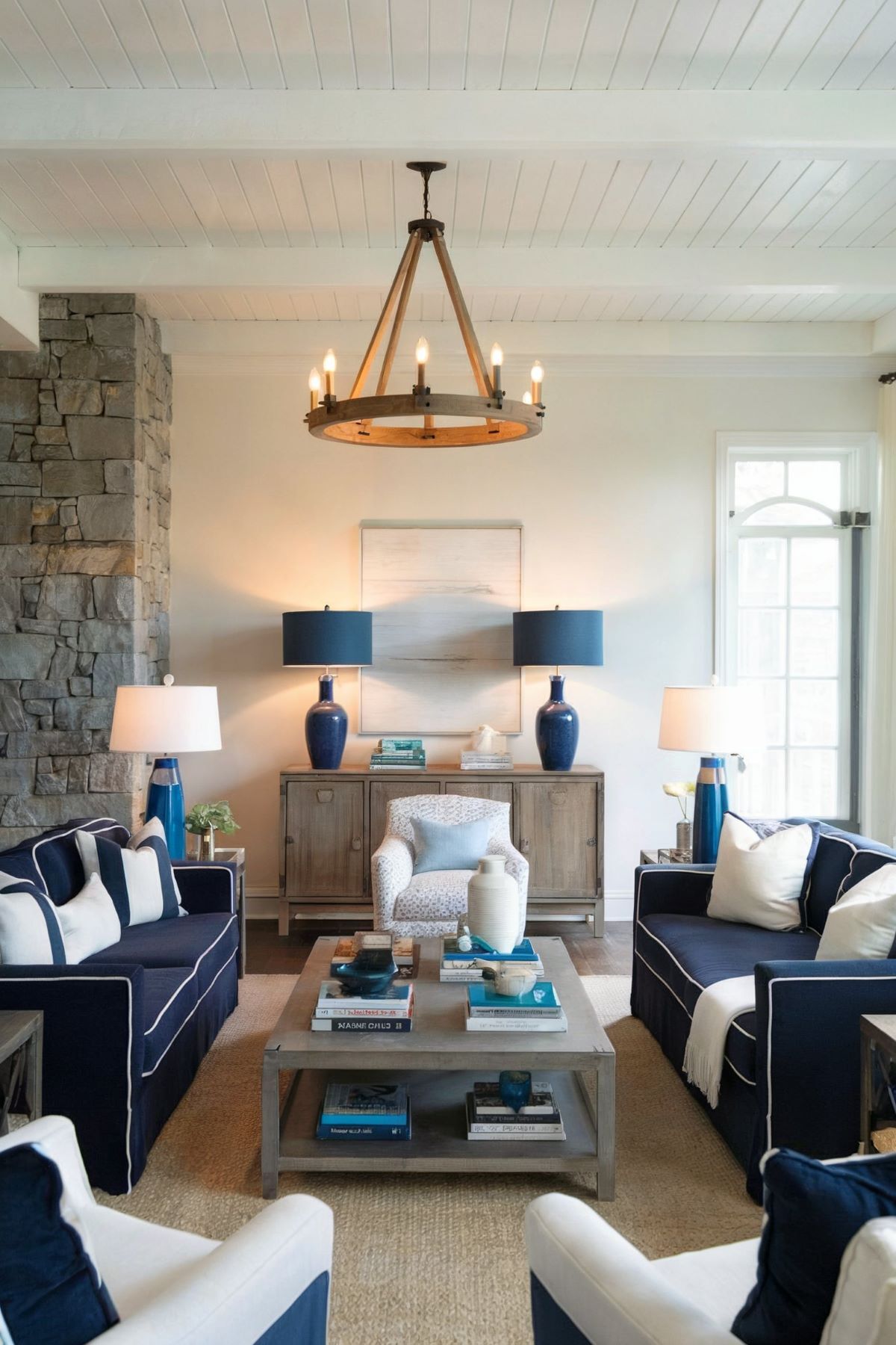 farmhouse living room decor navy couch