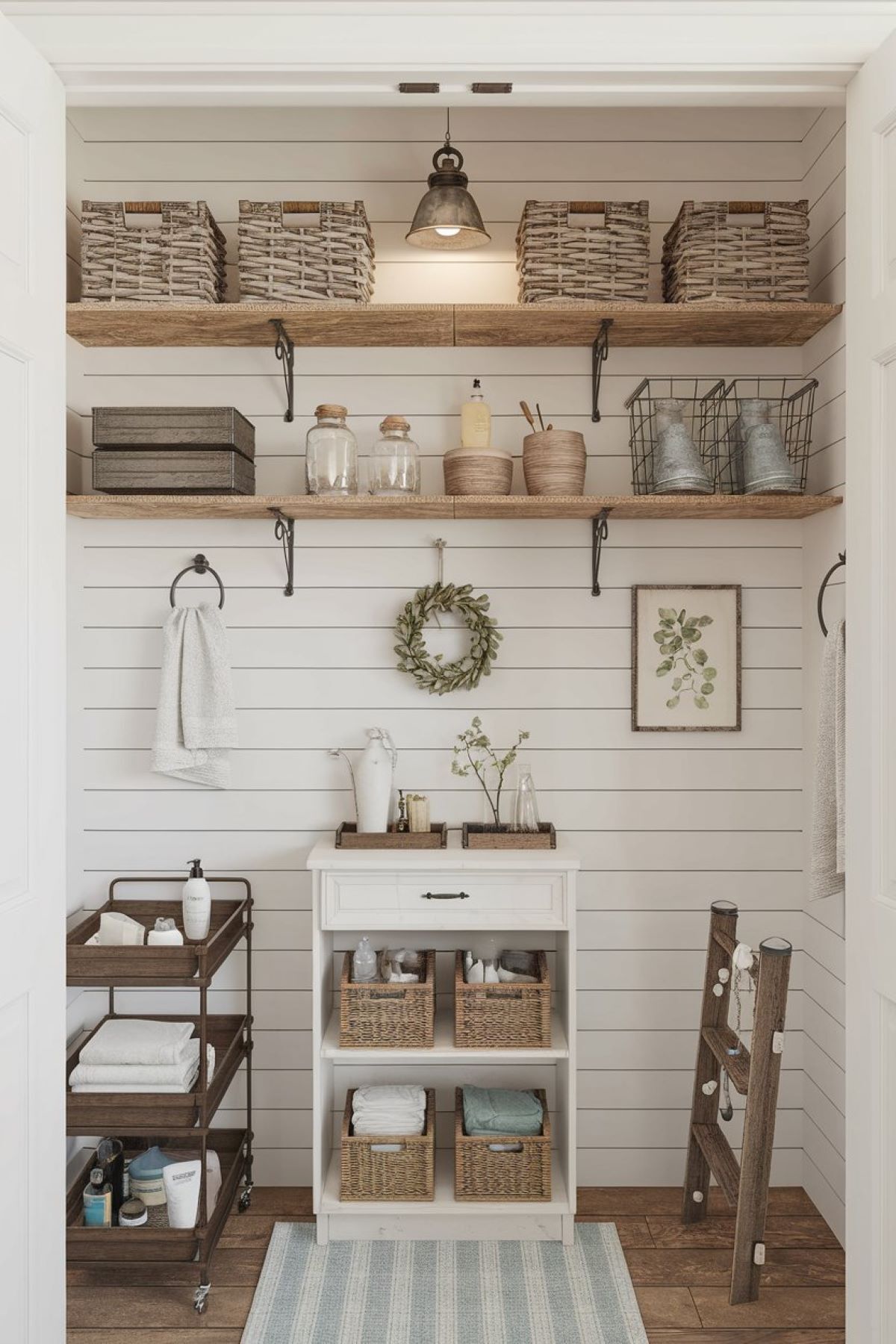 farmhouse style bathroom closet with a warm and inviting atmosphere